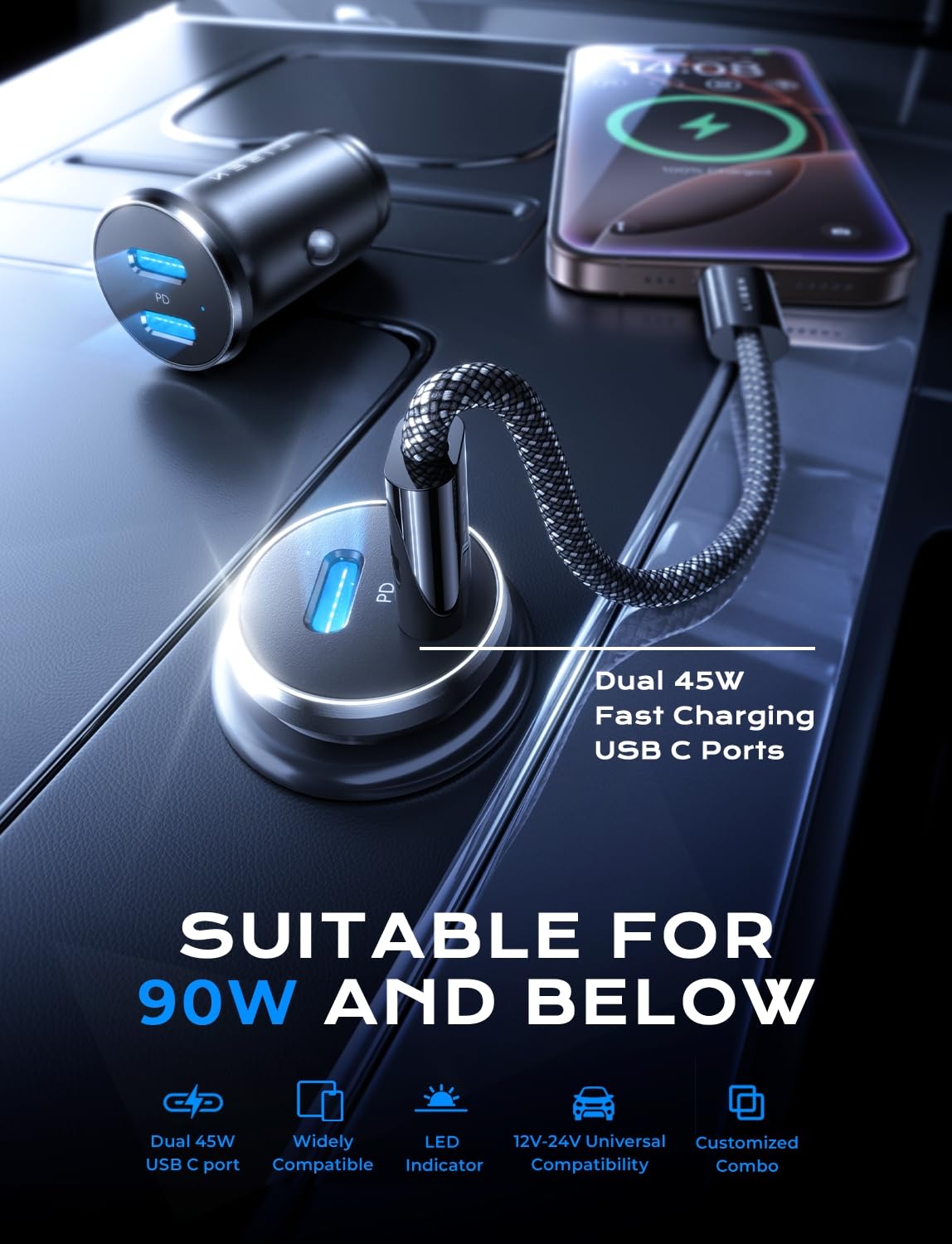 LISEN 90W USB C Car Charger Fast Charging - Dual Port PD 45W Cigarette Lighter Adapter with USB C & Lightning Cable for iPhone 16/15/14/13/12, Samsung Galaxy, iPad - Super Fast Charging for Road Trips & Commuting