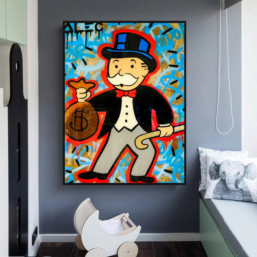Alec Monopoly Money Bag Canvas Wall Art - Modern Pop Art Home Decor for Living Room, Bedroom & Office