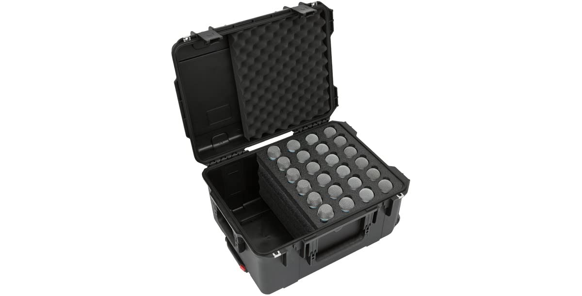 SKB Injection Molded Microphone Case with Foam Insert - Holds 24 Mics, Storage Compartment & Wheels - Perfect for Studio, Live Performances & Equipment Transport