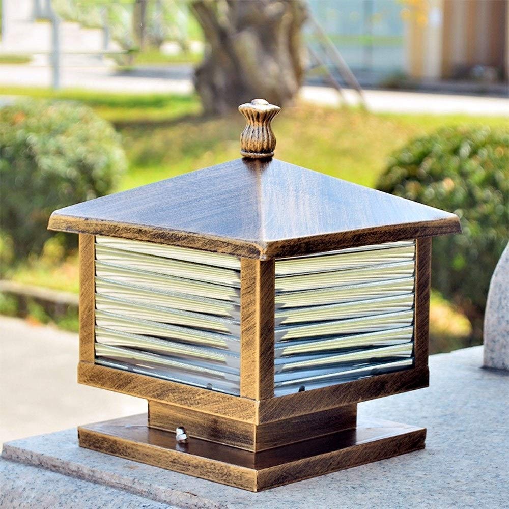 Outdoor Waterproof Square Column Headlight - Bronze Garden Post Pillar Light with Grid Striped Glass IP65 for Yard, Deck, Street & Fence | Weatherproof Landscape Lighting for Pathways, Driveways & Outdoor Decor