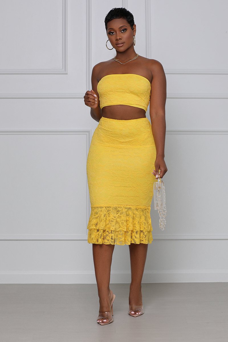 Melody Lace Bandeau 2 Piece Midi Skirt Set - Women's Floral Lace Crop Top & High Waist Skirt Outfit for Summer Beach, Party & Date Night
