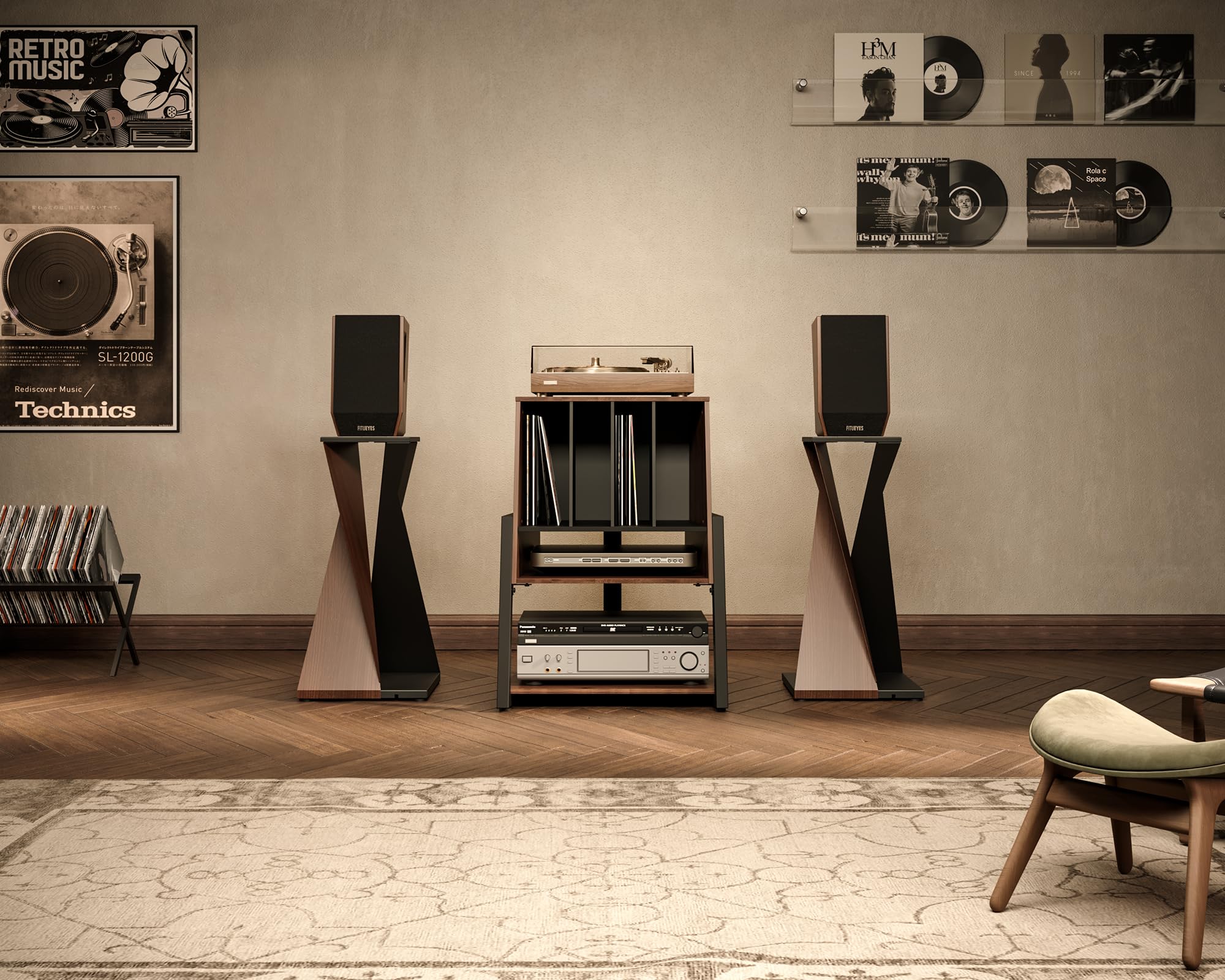 FITUEYES Eiffel Series Vinyl Record Player Stand with Storage - Holds 120 Records, Turntable Stand with Built-in Charging Station, Compact Entertainment Center for Living Room | Perfect for Music Lovers & Small Space Decor