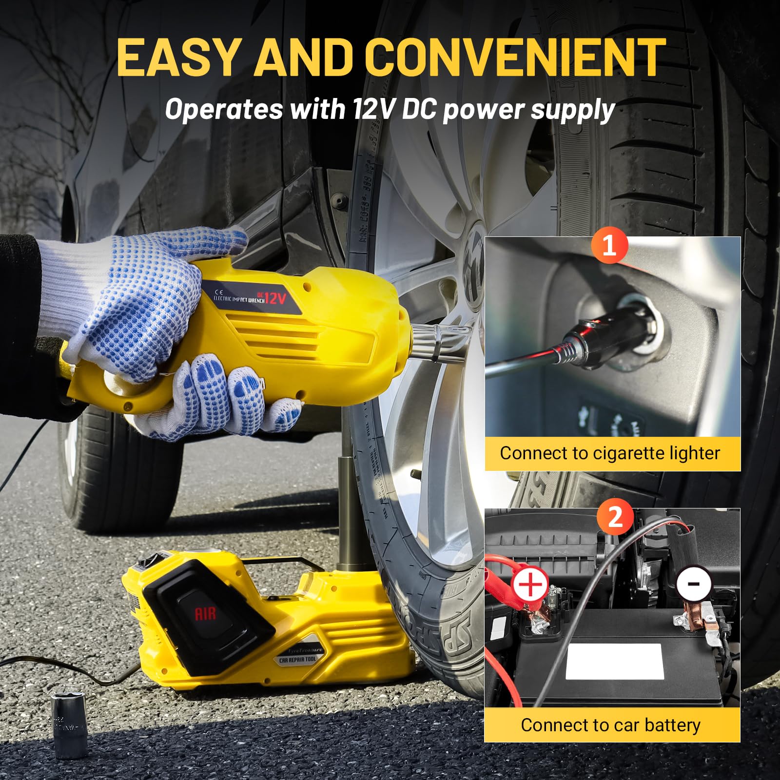 5 Ton Hydraulic Car Jack Kit with Impact Wrench & Tire Inflator - 5.31-14.17 Inch Lifting Range for Sports Cars, Sedans & EVs | Fast Tire Inflation & Emergency Roadside Tire Change for Travel Safety