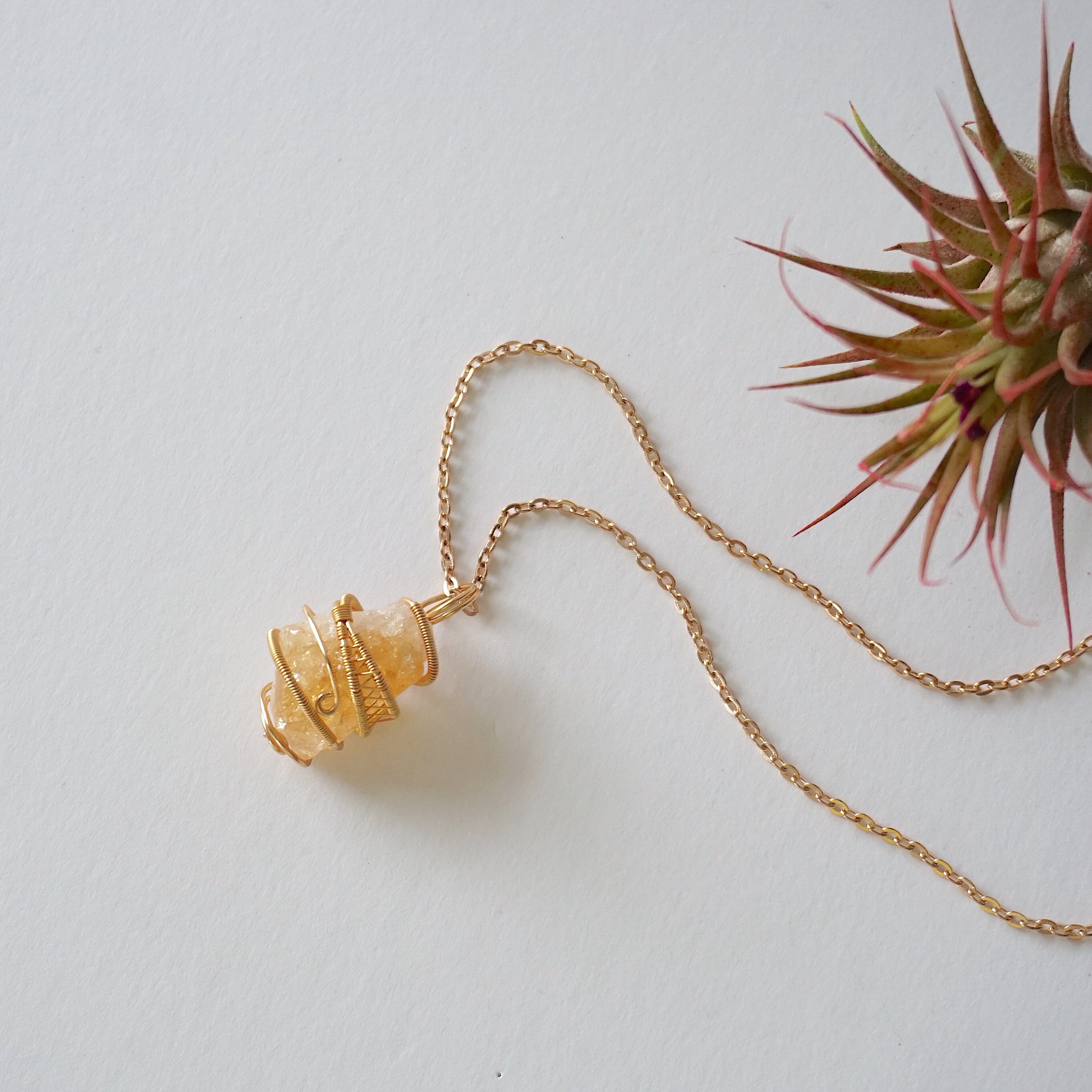 Natural Raw Citrine Necklace - 14K Gold Plated Wire Wrapped Healing Crystal Pendant for Women, Chakra Jewelry Gift for Meditation, Yoga & Positive Energy