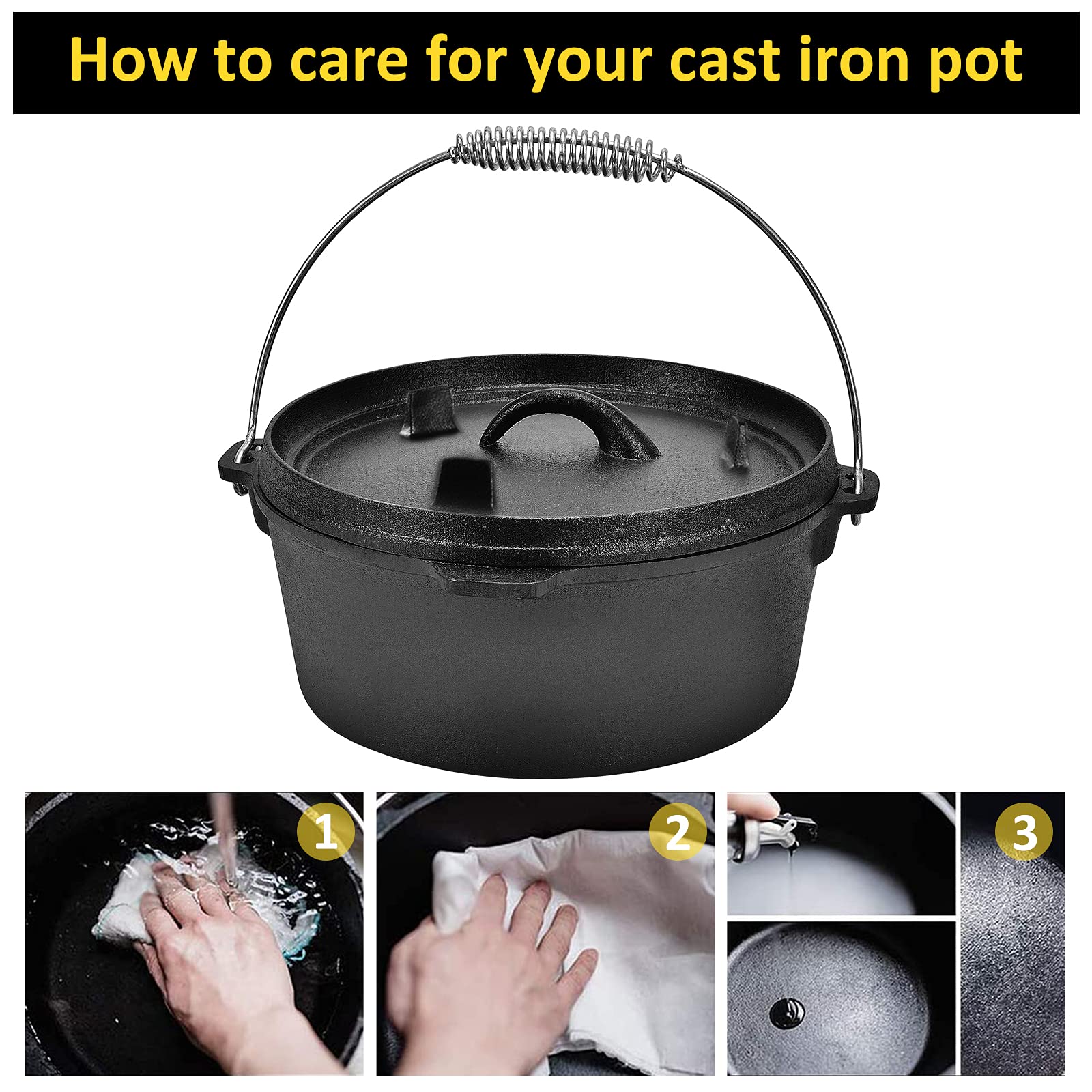 10 Quart Pre-Seasoned Cast Iron Dutch Oven with Lid Lifter Handle - Heavy Duty Casserole Pot for Camping, BBQ, Baking & Outdoor Cooking - Perfect for Stews, Soups and Bread Making