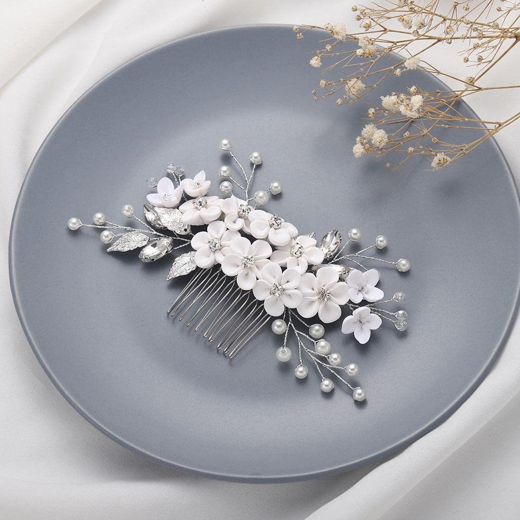 Zoestar Silver Crystal Pearl Wedding Hair Comb - Elegant Bridal Leaf Beads Headpiece for Women & Girls | Perfect for Weddings, Prom, Parties & Special Occasions