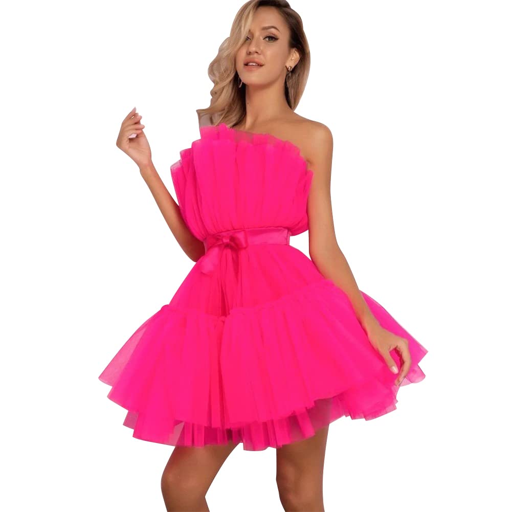 Women's Puffy Tulle Princess Dress - Strapless Poofy Ruffle Tutu Mini Cocktail Party Dress for Prom, Wedding, Birthday & Special Occasions