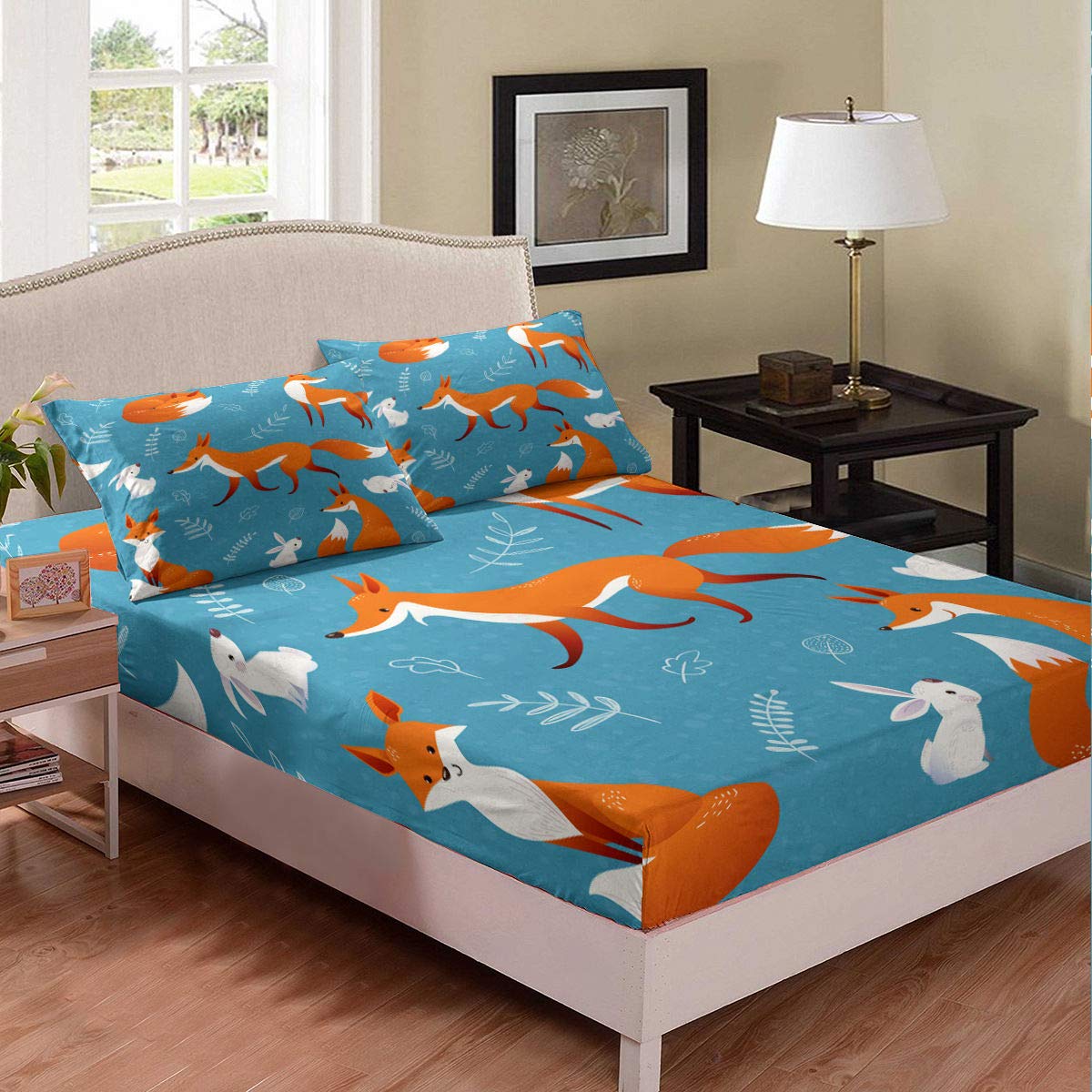 Homewish 3-Piece Fox & Rabbit Cartoon Bedding Set for Kids - Full Size Microfiber Fitted Sheet with 2 Pillowcases - Wild Animal Themed Bedroom Decor for Boys & Girls - Perfect for Nursery, Kids Room & Sleepovers