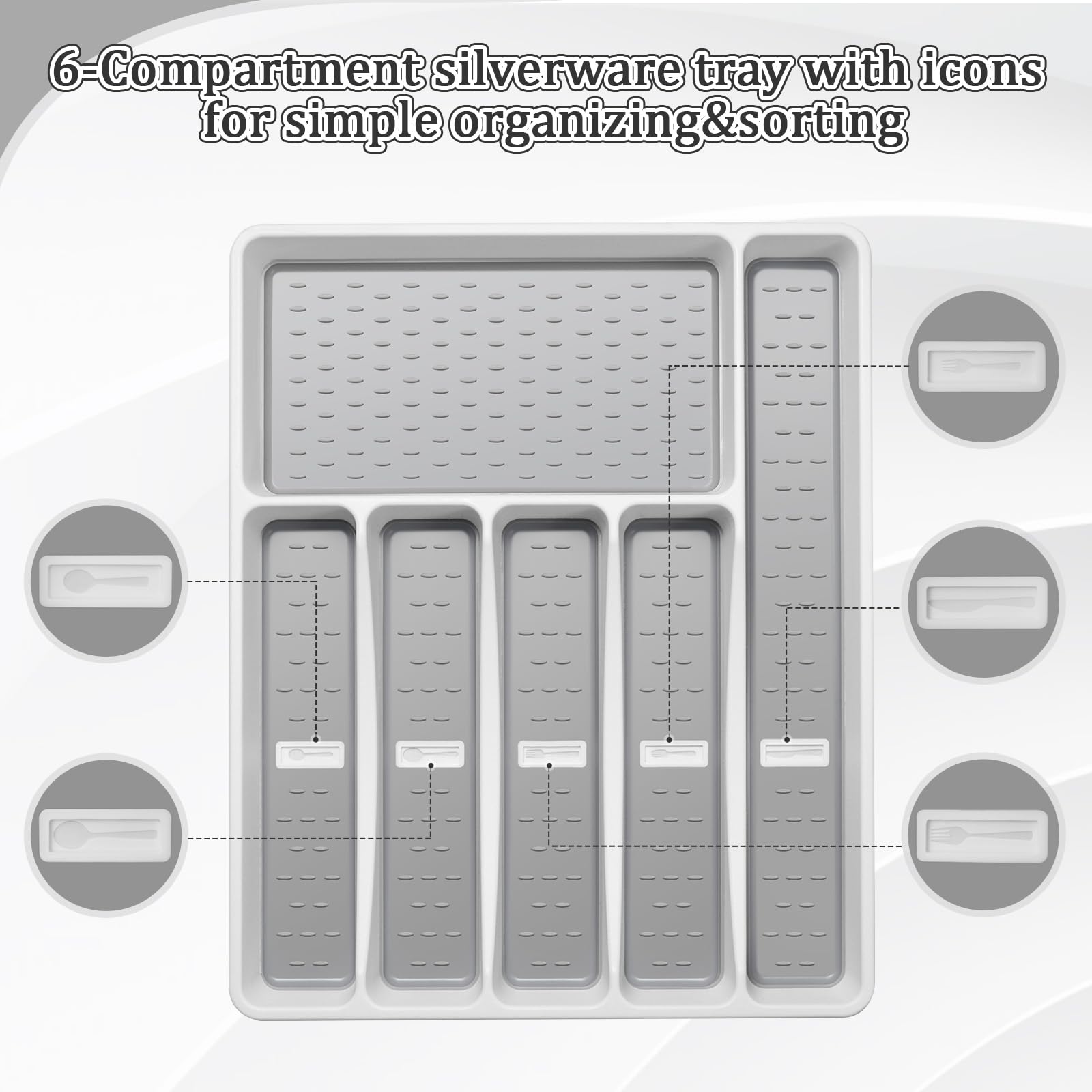 Silverware Organizer with Cutlery Icons - 6-Compartment Plastic Flatware Drawer Tray for Kitchen Utensils | Non-Slip TPR Linings | Perfect for Dining Room & Kitchen Drawer Organization