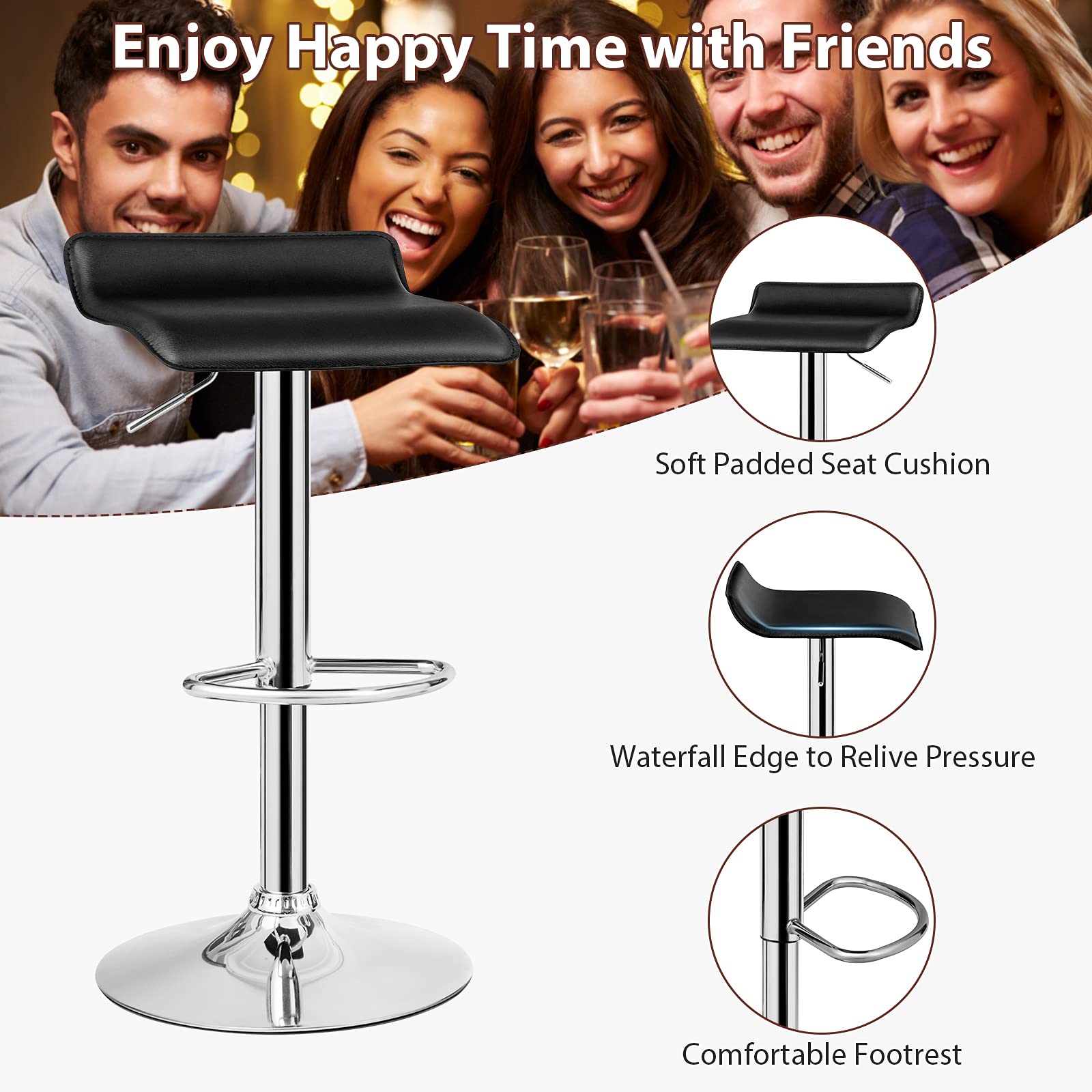 **Casart 4-Piece Adjustable Swivel Bar Stool Set with Footrest - PU Leather Upholstery, Chrome Base & Hydraulic Lift - Modern Counter Height Stools for Kitchen Island, Dining Room, Pub or Cafe (Black) - Perfect for Entertaining, Breakfast Bars & Home Decor**