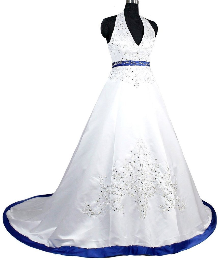 Elegant Women's Halter Neck Embroidered Satin Wedding Dress with Corset Back - Perfect for Bridal, Prom & Formal Occasions