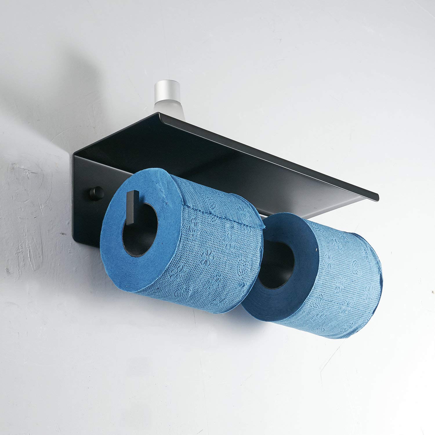 Wall Mounted Double Roll Toilet Paper Holder with Phone Shelf - Black Matte Finish | Bathroom Storage & Organization for Home & Office