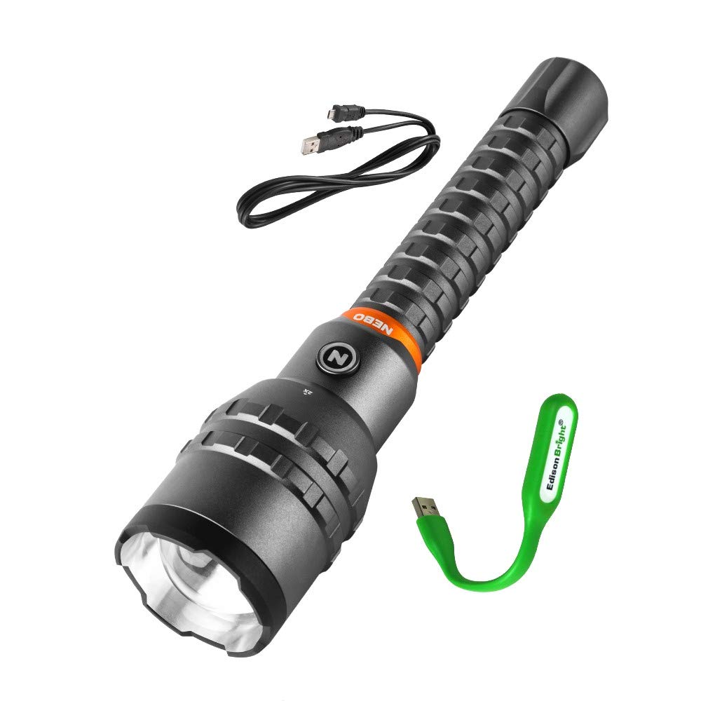 NEBO Redline FLT-1007 12,000 Lumen Rechargeable LED Flashlight - Adjustable Beam, High Power, with EdisonBright USB Reading Light | Camping, Emergency, Outdoor, Home Use