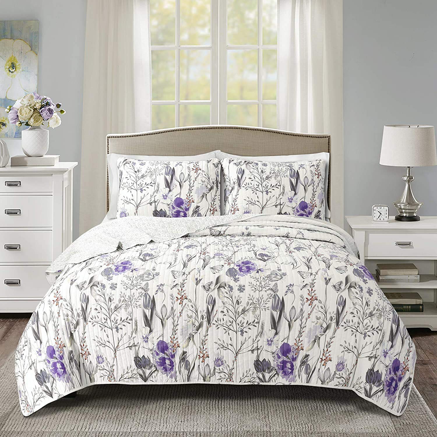 Lush Decor Adalia 3-Piece Purple and Gray Quilt Set King Size - Soft Bedding for Cozy Bedrooms & Guest Rooms