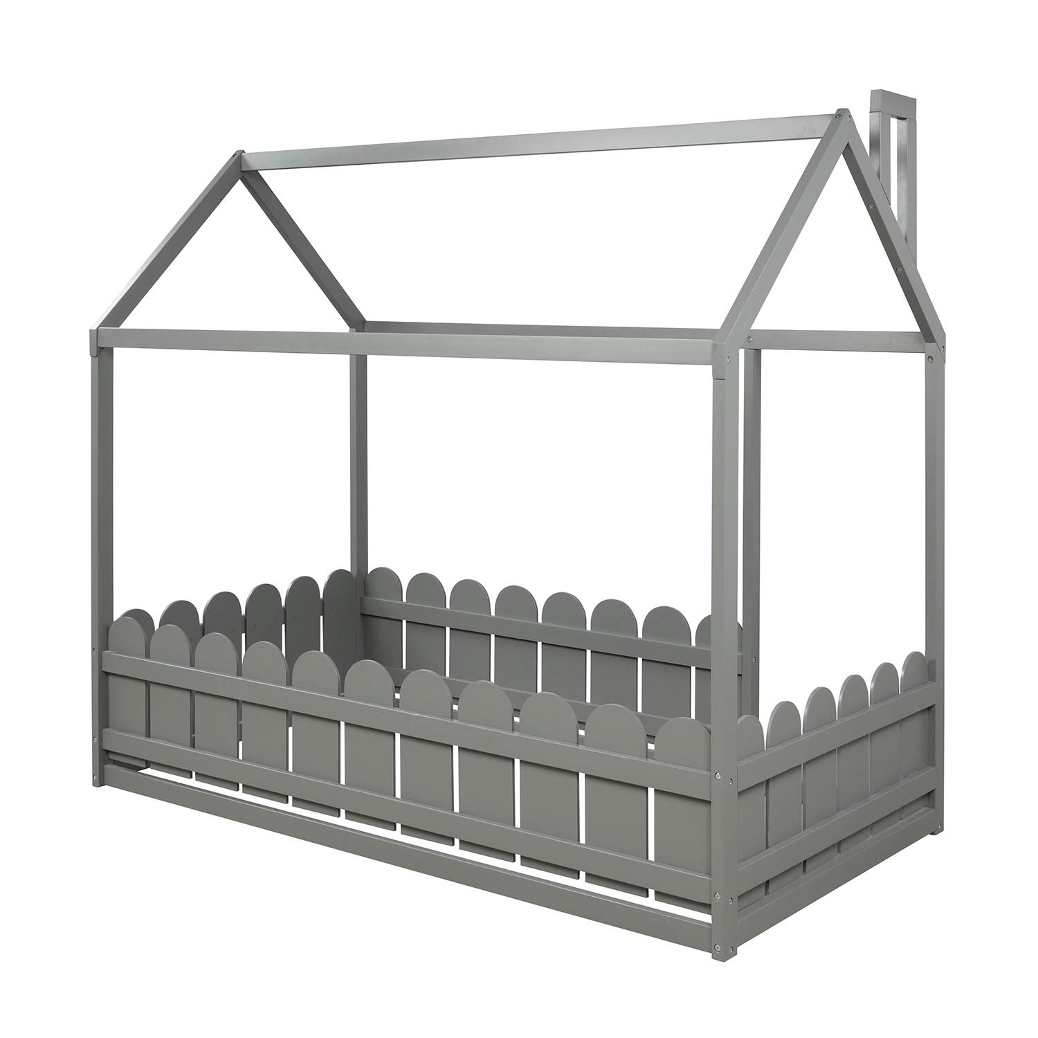 RUNNA Twin Size Wooden House Bed Frame with Roof & Fence - Kids Play Tent Bed, Cabin Style Floor Bed for Nursery & Children's Room - Perfect for Imaginative Play, Sleepovers & Cozy Bedtime (Gray)