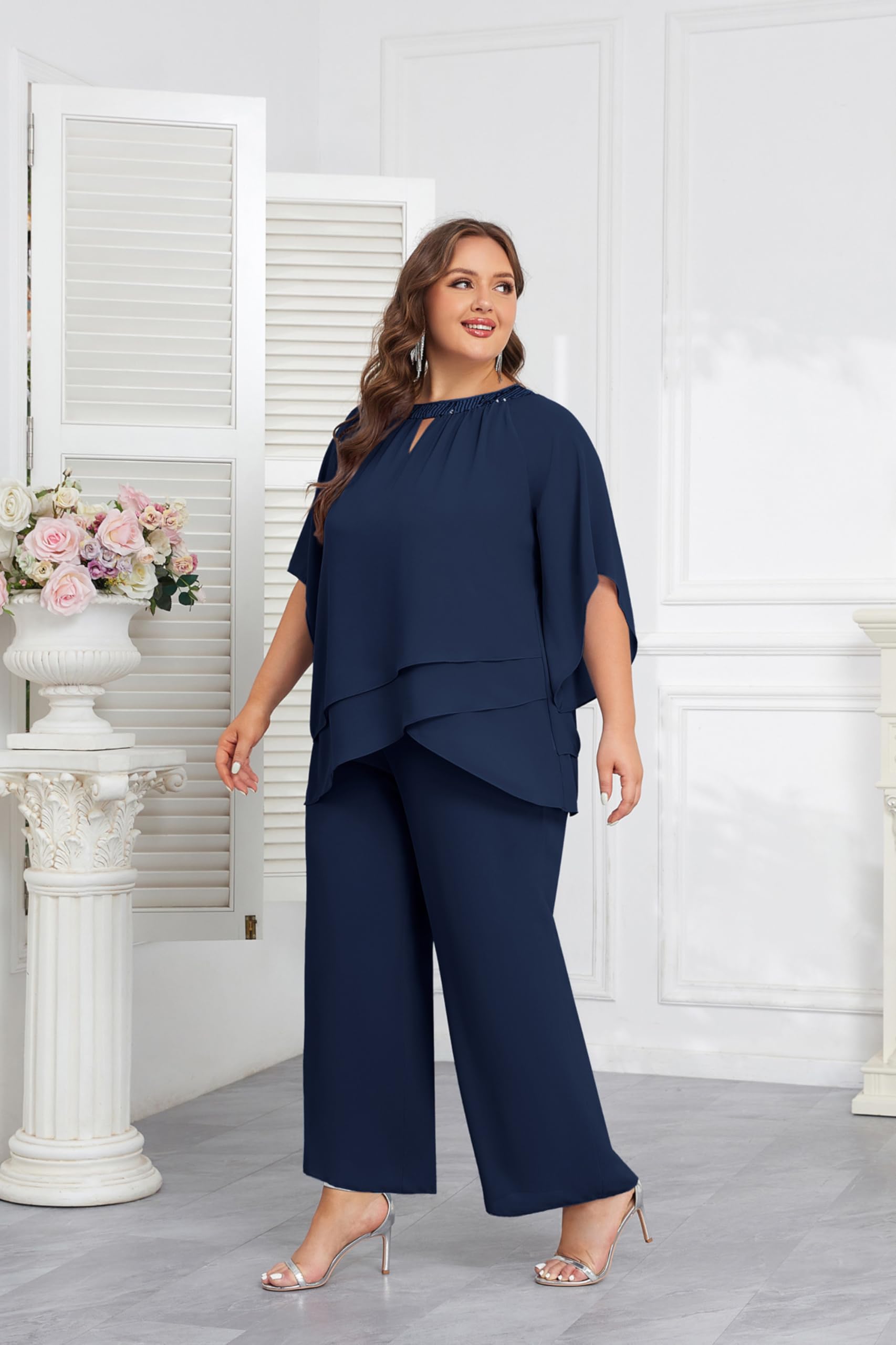Elegant Hanna Nikole Plus Size Mother of the Bride Pant Suit - Chiffon 2-Piece Formal Outfit with Half Sleeves for Wedding Guest & Special Occasions | Perfect for Church Ceremonies, Receptions & Evening Events