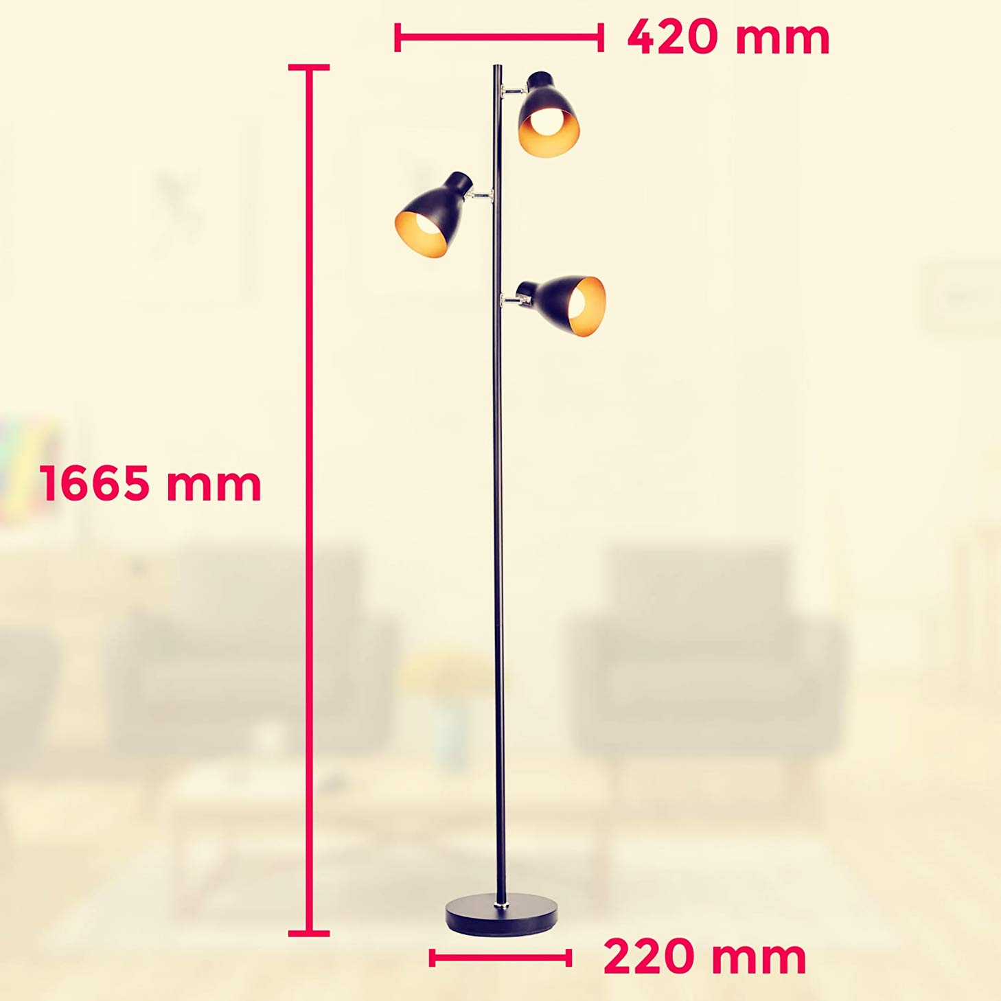 Adjustable Retro Industrial Floor Lamp - 3 Light Tree Design with E27 Socket (Max 25W), 166cm Height in Black/Gold - Perfect for Reading, Living Room, Bedroom & Office Lighting