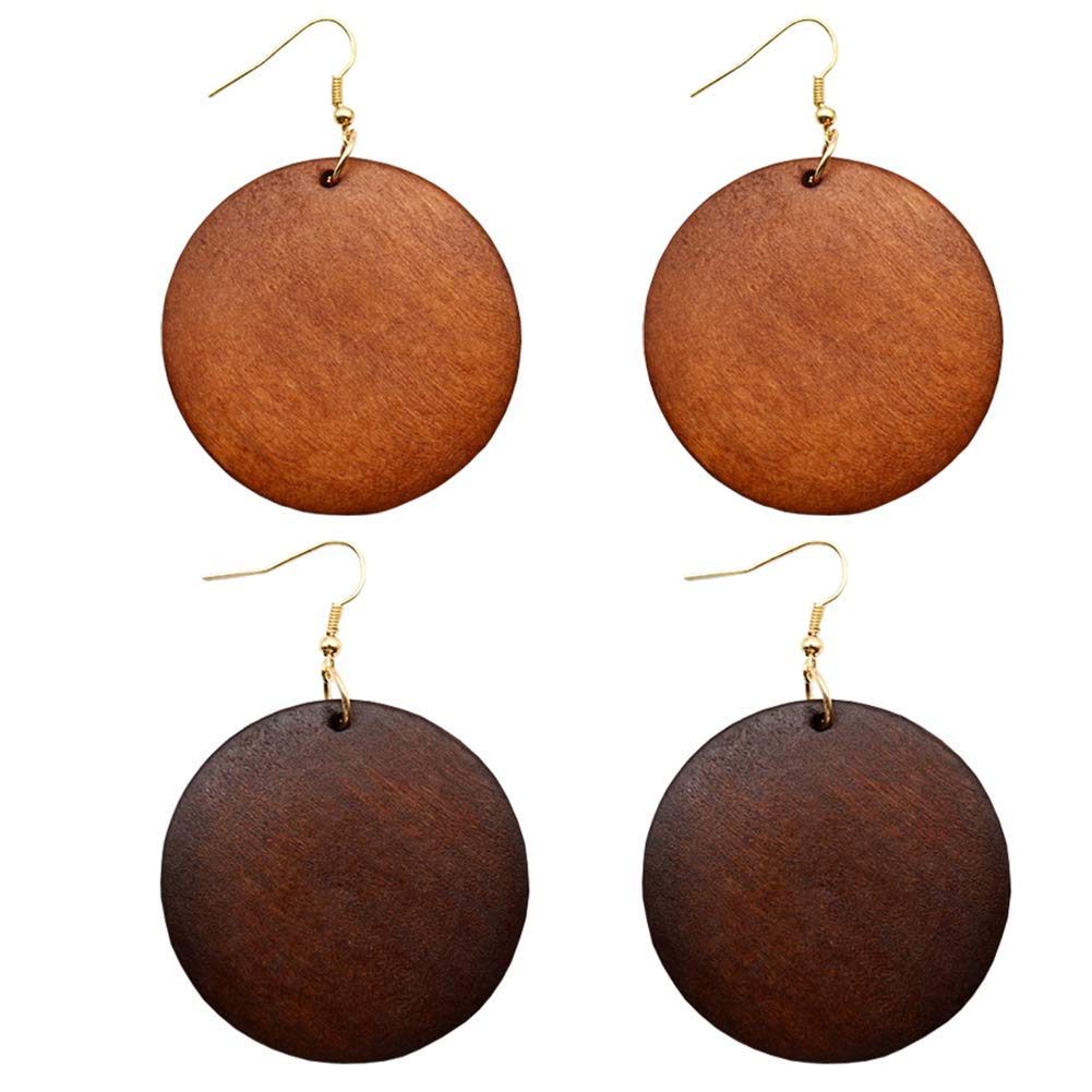 2 Pairs Wooden Earrings for Women - Big Round Circle Geometric Wood Drop Dangle Hook Earrings, Stainless Steel Stud, Boho Chic Ethnic Style - Perfect for Casual Wear, Parties, and Festivals