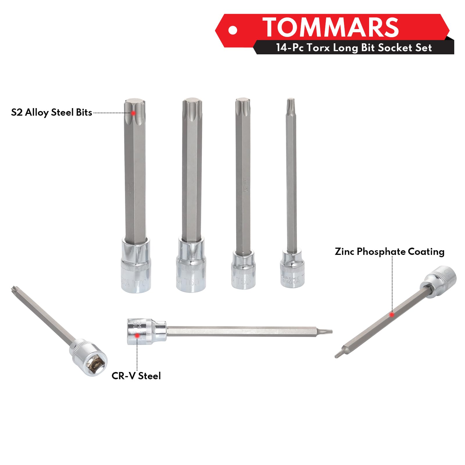 TOMMARS 14-Piece Long Torx Bit Socket Set - S2 Alloy Steel Star Bit Set (T10-T70) for Automotive, Motorcycle & DIY Repairs | Durable Torx Screwdriver Kit for Mechanics & Home Improvement