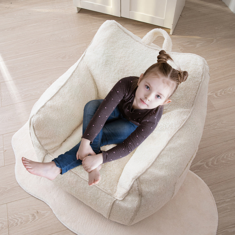MAXYOYO Kids Sherpa Bean Bag Chair & Couch - Soft Plush Children's Room Furniture with Decorative Edges (White) - Perfect for Reading Nooks, Playrooms & Bedroom Relaxation