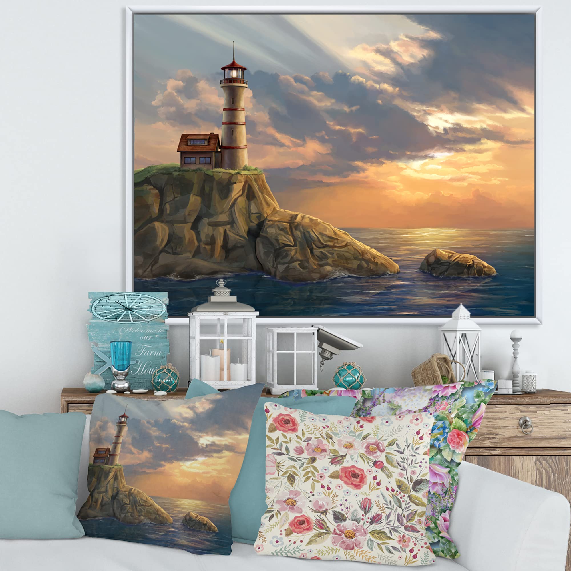 Lighthouse on Rocky Coastal Cliff at Sunset - Nautical Framed Canvas Wall Art Print for Beach House Decor, Coastal Living Room, or Ocean-Themed Bedroom