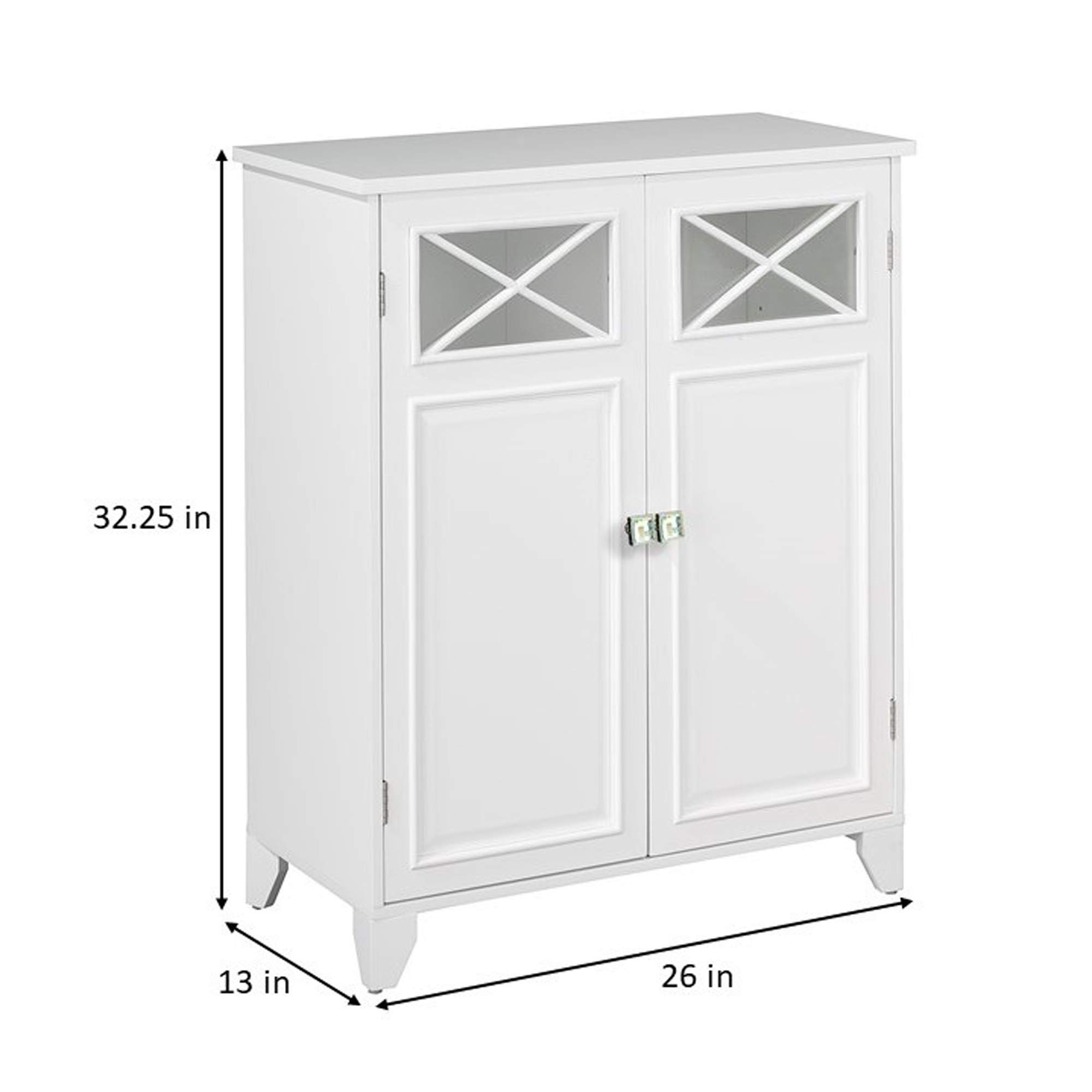 Teamson Home Dawson White Wooden Freestanding Floor Cabinet - 3 Storage Spaces, 1 Fixed & 1 Adjustable Shelf, 2 Glass Panel Doors with Clear Knobs - Perfect for Living Room, Bedroom, or Office Storage & Display