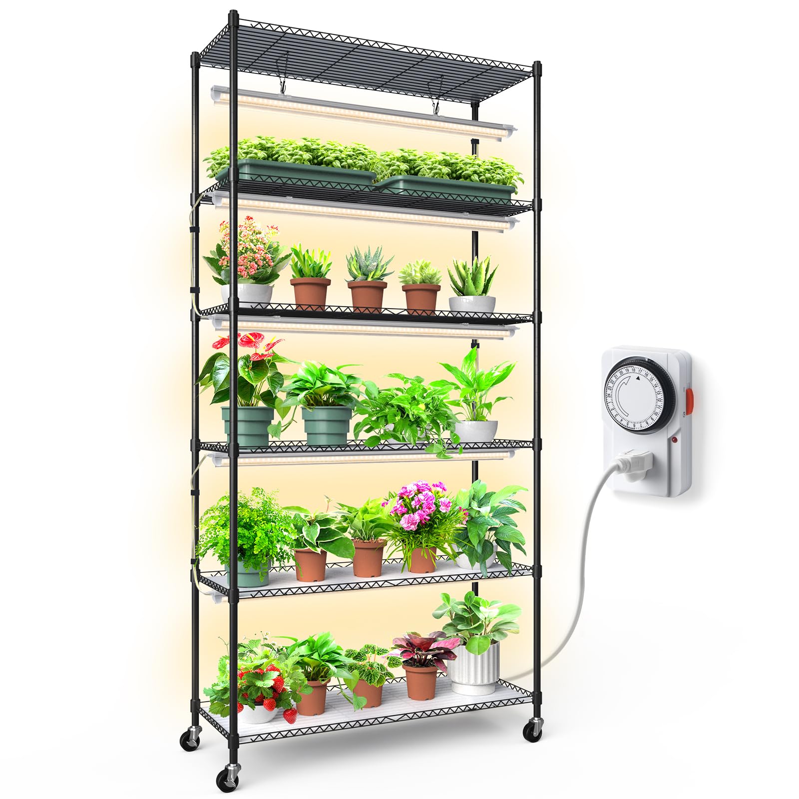 Barrina 3FT T8 Full Spectrum 150W LED Grow Light with Plant Stand - 5 Pack Indoor Plant Shelf for Multiple Plants, On/Off Timer, 6-Tier 35.4