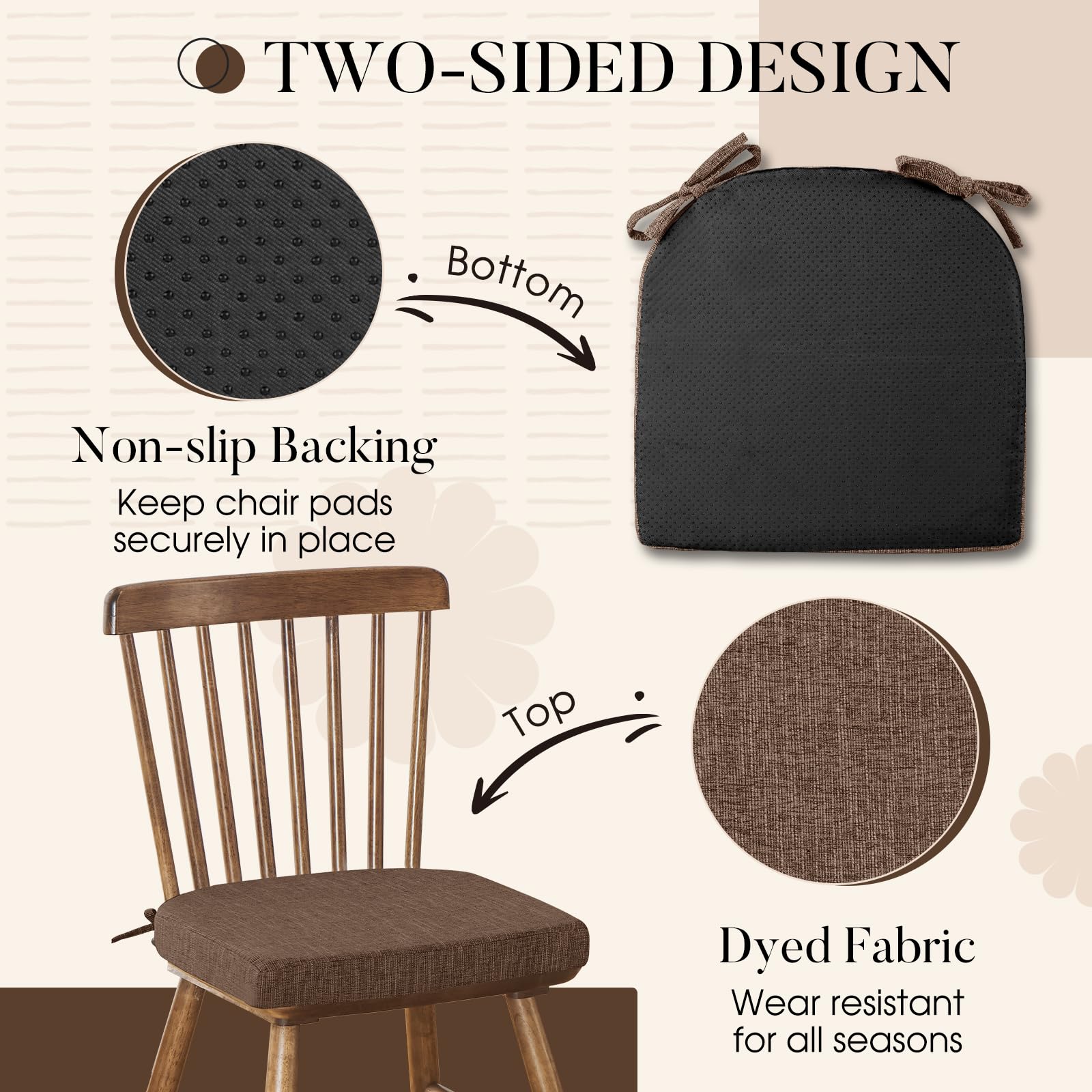 Premium 6-Pack Non-Slip Dining Chair Cushions with Ties - 16x16 Inch Kitchen Chair Pads for Comfort & Style (Brown) - Perfect for Home Dining Rooms, Restaurants, and Office Seating