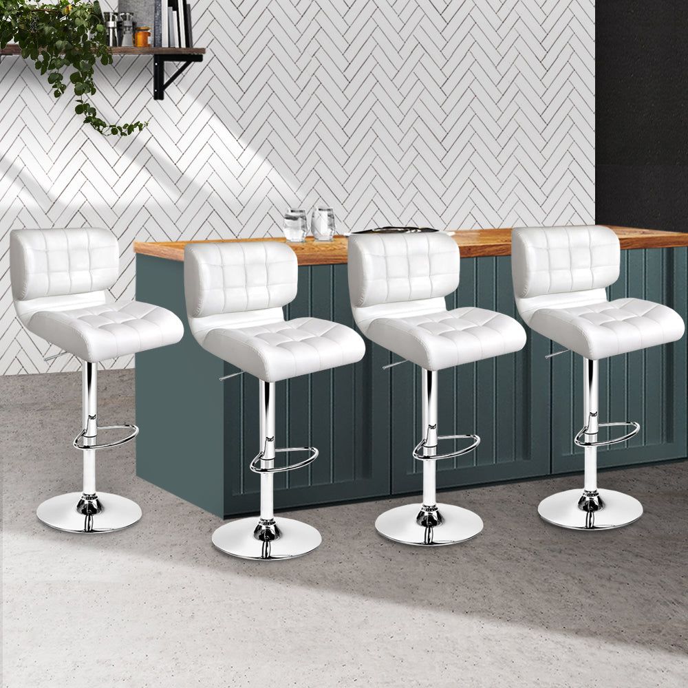 4 Bar Stools with Gas Lift Mechanism - White Leather Padded Seat - Perfect for Kitchen Island, Breakfast Nook or Home Bar Decor