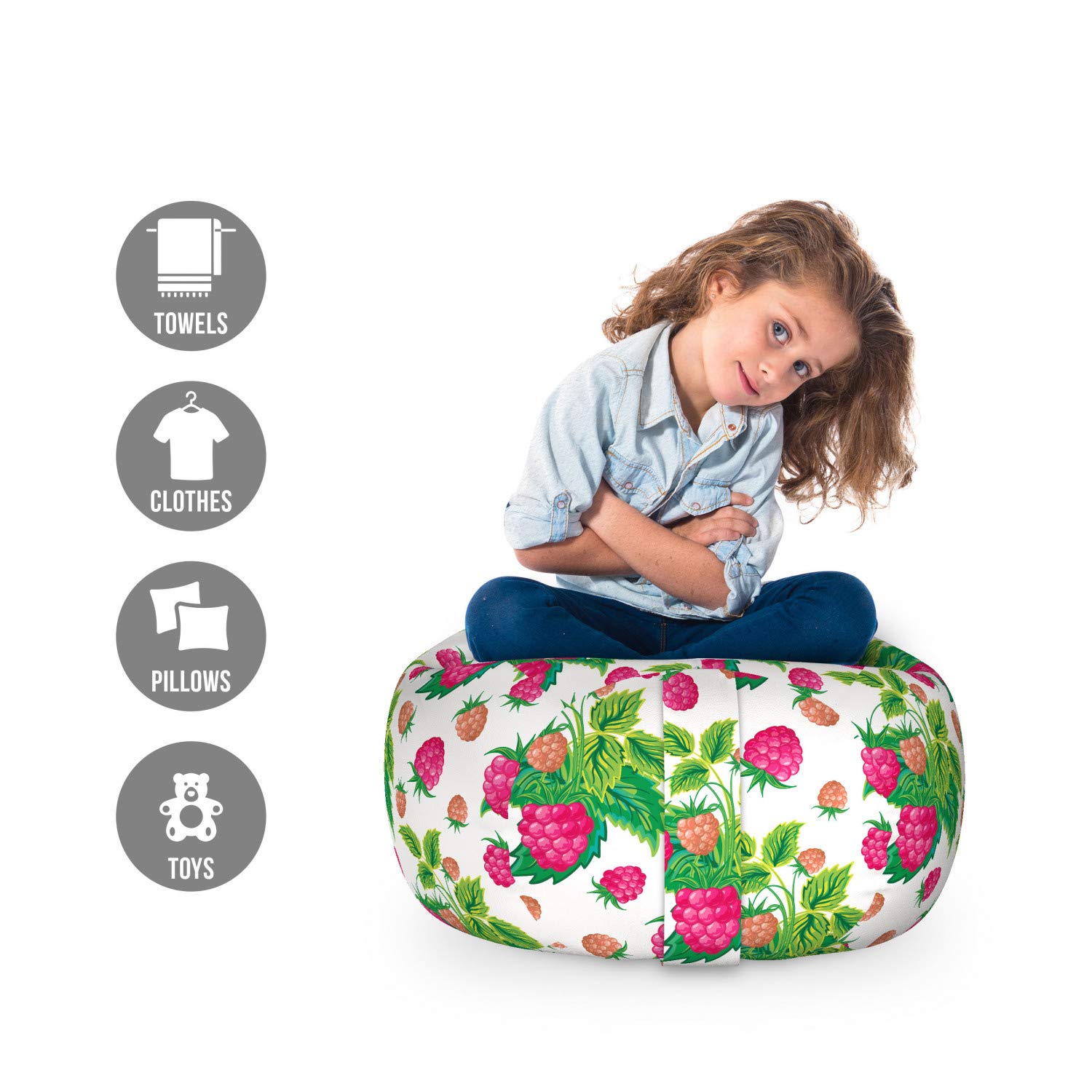 Ambesonne Fruit Storage Toy Bag Chair - Spring Botanical Art Raspberries with Green Leaves, Stuffed Animal Organizer Washable Small Bag in Green & Magenta | Kids Room Decor, Playroom Storage, Nursery Organization