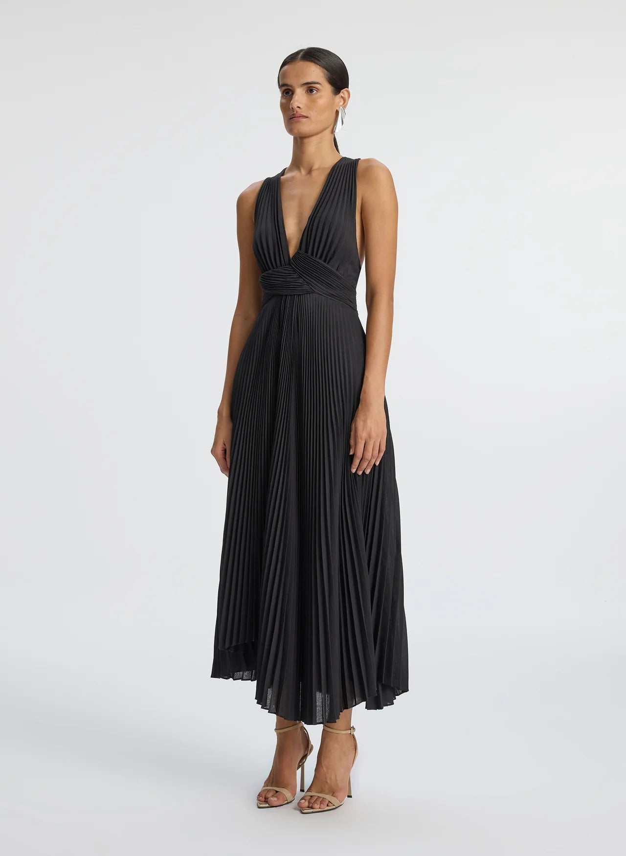 Everly Pleated Midi Dress for Women - Elegant Black Flowy Skirt Dress for Office, Party & Special Occasions