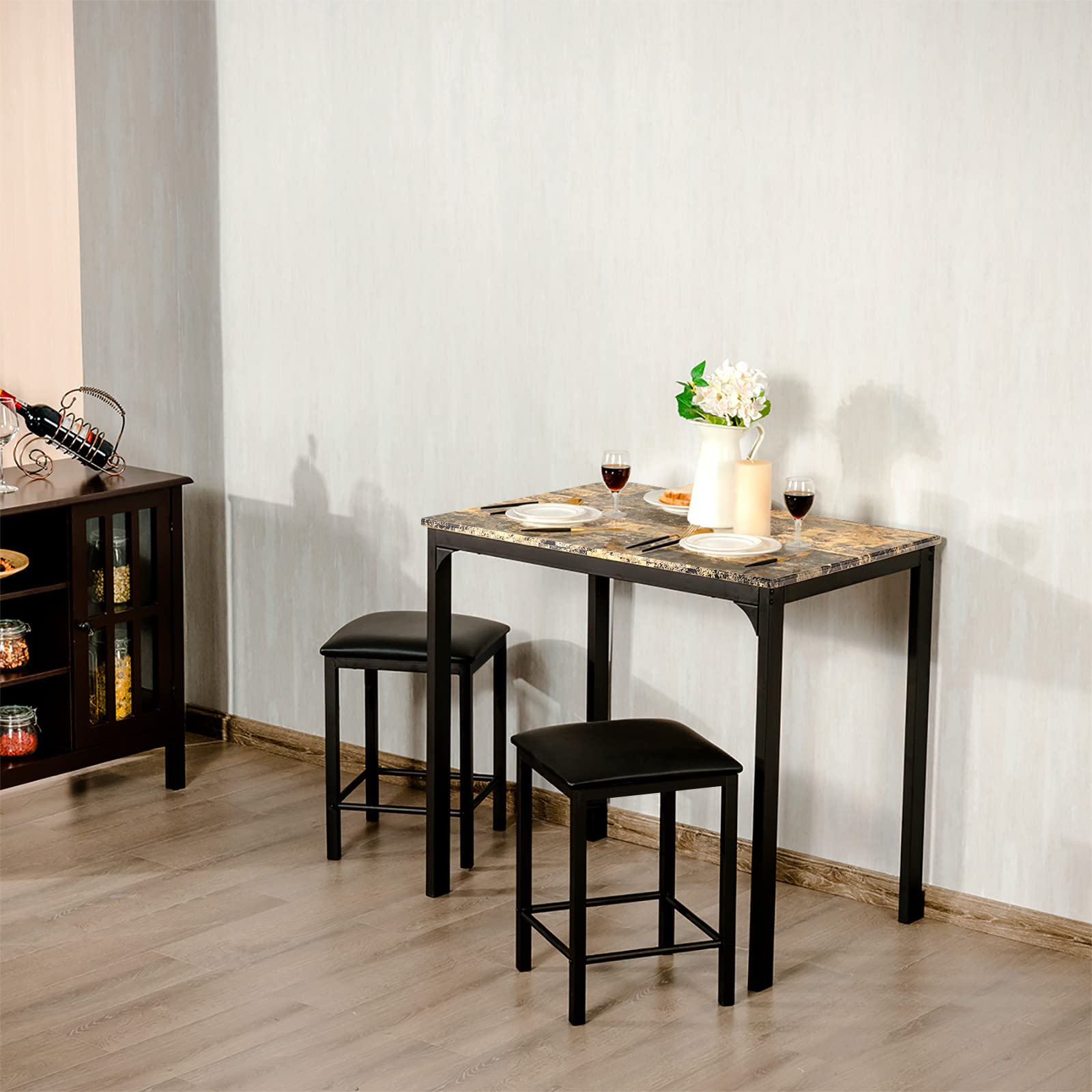 Casart 3-Piece Faux Marble Dining Table Set with 2 Stools - Modern Kitchen & Bar Counter Height Table for Small Spaces, Breakfast Nook, Apartment, Condo - Easy Assembly & Durable Design