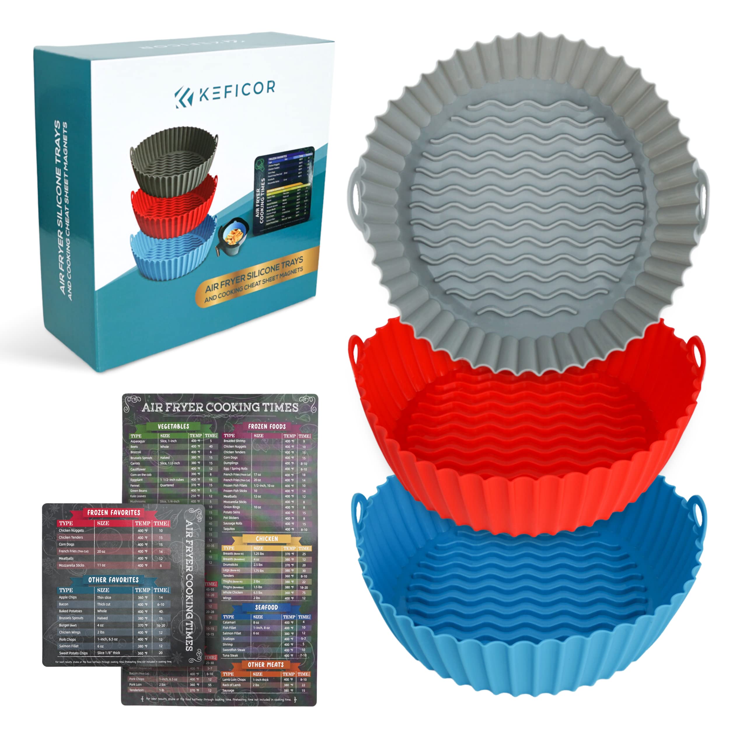 Reusable Silicone Air Fryer Liners 3-Pack (8.5 Inch) & Cooking Cheat Sheet Magnets - Food Grade Non-Stick Baking Mats for Air Fryer, Oven & Microwave - Dishwasher Safe Air Fryer Accessories - Perfect for Healthy Cooking, Meal Prep & Quick Snacks