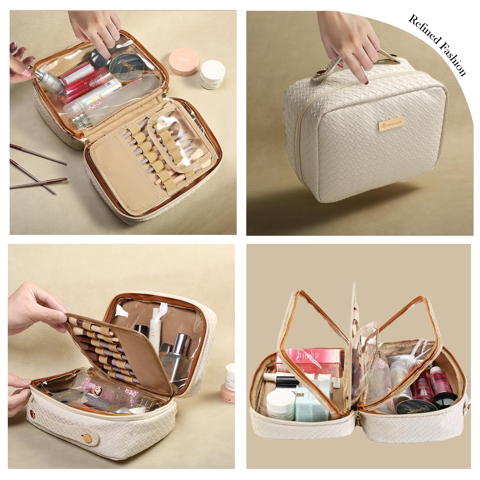 Large Capacity Travel Makeup Bag - Clear Double-Sided Checkered Cosmetic Organizer with Brush Compartments | Waterproof PU Leather Makeup Case for Women (Beige) | Perfect for Air Travel, Gym & Daily Beauty Essentials