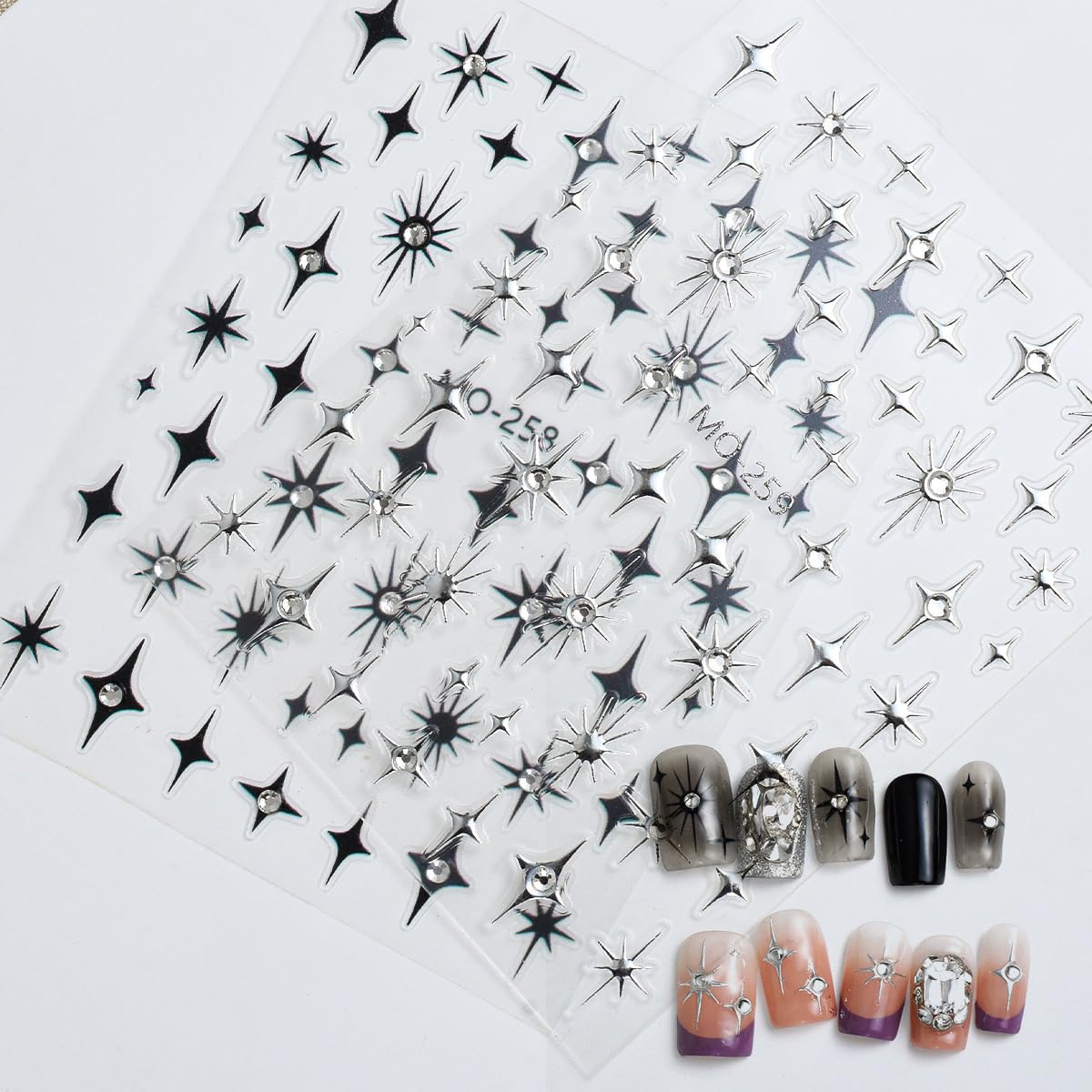 6 Sheets 3D Self-Adhesive Star Nail Stickers - Gold Silver Black Crystal Diamond Nail Art Charms for Women | Chrome Nail Decals for Acrylic Manicure & Gel Polish Decorations | Perfect for Parties, Weddings, and Special Occasions