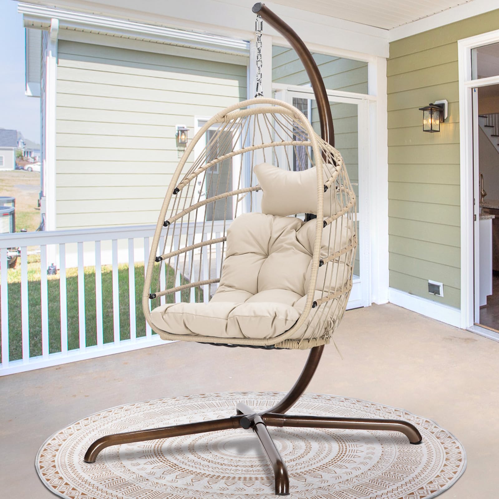 Premium Hanging Egg Chair with Stand - Outdoor Swinging Chair with Water-Resistant Cushions, PE Rattan Wicker Design, Foldable Basket for Patio, Garden, Bedroom & Indoor Use - 350lbs Weight Capacity (Beige) - Perfect for Relaxing, Reading & Lounging in Your Backyard, Balcony or Living Space