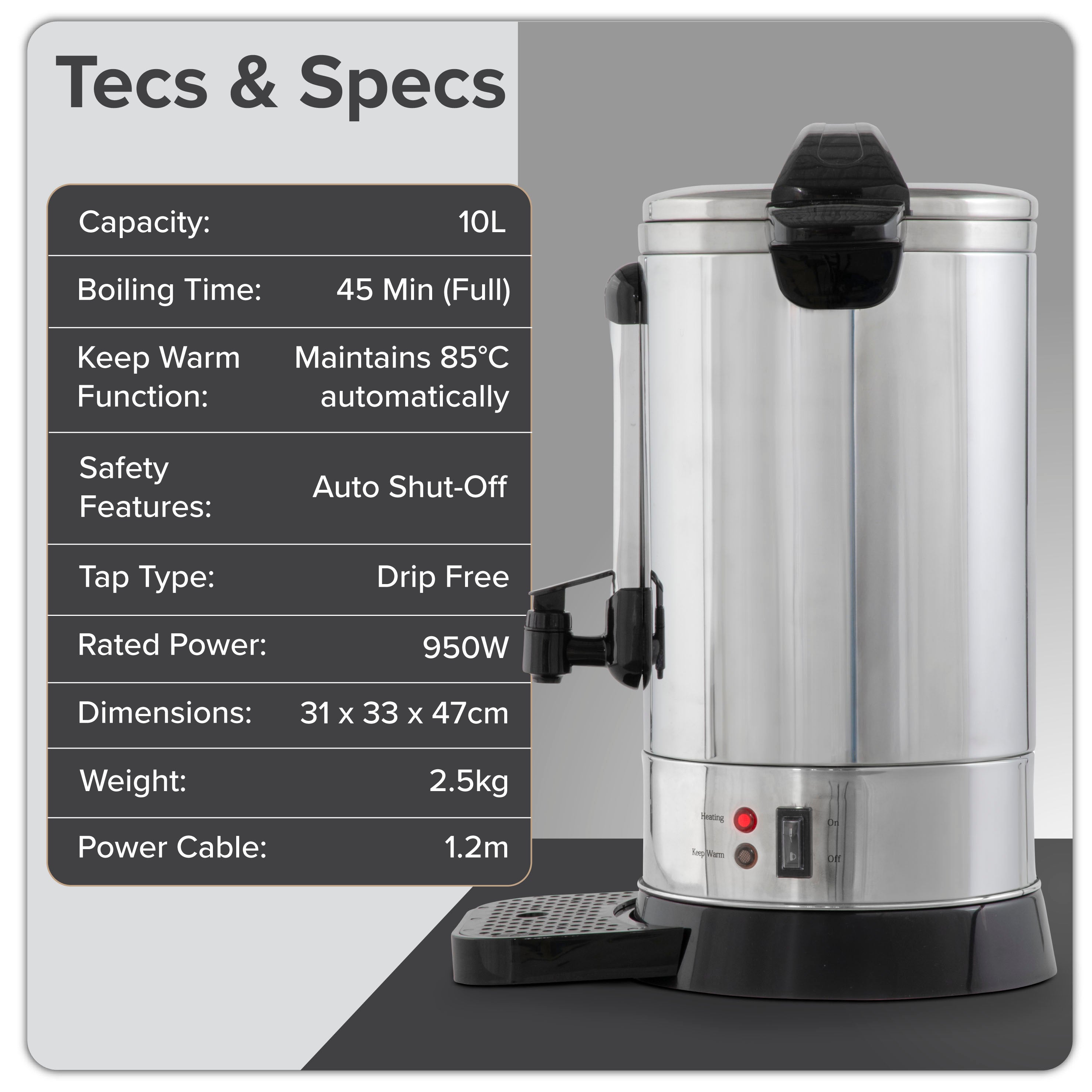 Baridi 10L Stainless Steel Hot Water Boiler & Tea Urn with Drip Tray, Keep Warm Function - Perfect for Coffee Shops, Restaurants, and Catering Events (Model DH269)