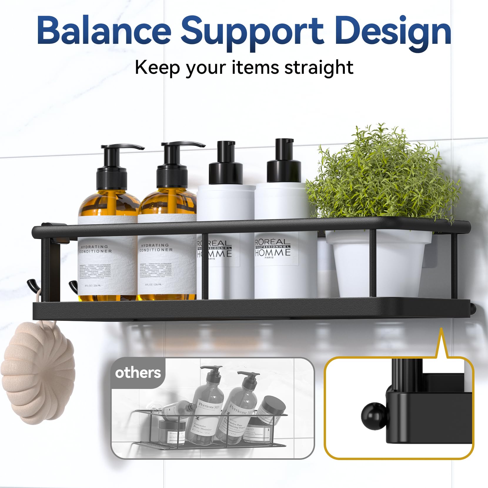 **YASONIC No Drill Shower Caddy Adhesive - Rustproof Wall-Mounted Bathroom Organizer with Removable Hooks & Soap Holder (3 Pack, Black) - Perfect for Small Bathrooms, Apartments & Dorm Showers**