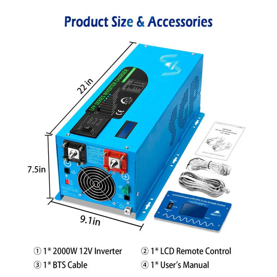 2000W 12V Pure Sine Wave Power Inverter with Built-in Charger - Perfect for RVs, Boats, Camping & Off-Grid Power Supply