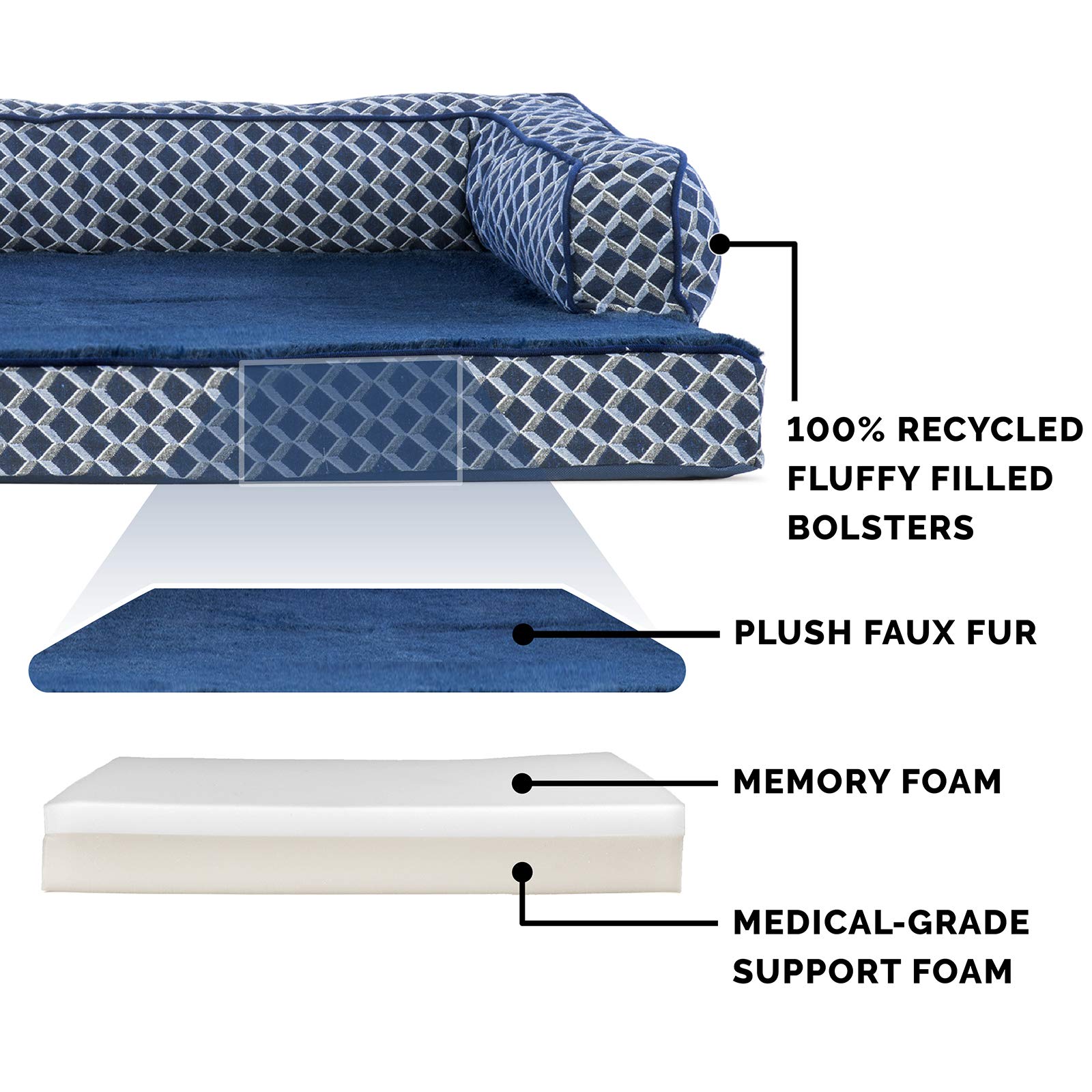 Furhaven Memory Foam Orthopedic Dog Bed for Large Dogs up to 125 lbs - Removable Bolsters & Machine Washable Cover - Plush Woven Sofa-Style Pet Bed in Diamond Blue (Jumbo Plus/XXL) - Perfect for Living Rooms, Bedrooms & Pet-Friendly Spaces