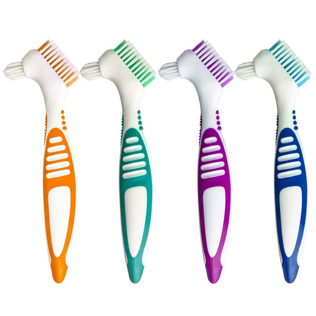 4-Piece Handle Brush Toothbrushes for Double Teeth & Dentures - Easy Sided Tooth Care & Stain Remover for Home Dental Hygiene | Perfect for Denture Cleaning, Oral Care & Travel Use