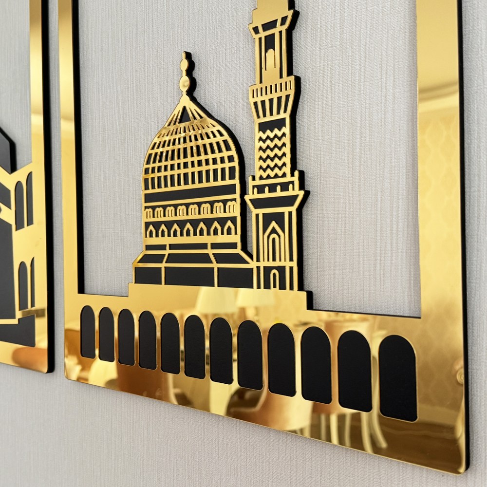 Masjid Al Haram Islamic Wall Art - Kaaba, Masjid An Nabawi & Al Aqsa Canvas Prints - Muslim Home Decor for Living Room, Prayer Room & Office