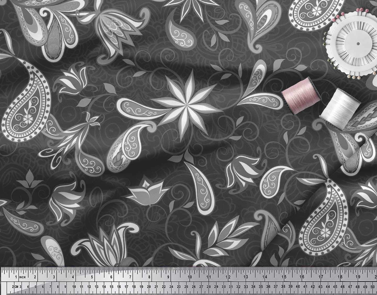 Soimoi Moss Georgette Brown Fabric by The Yard - 42 Inch Wide Floral Paisley Ethnic Printed Fabric for Dresses, Scarves, Curtains & Home Decor