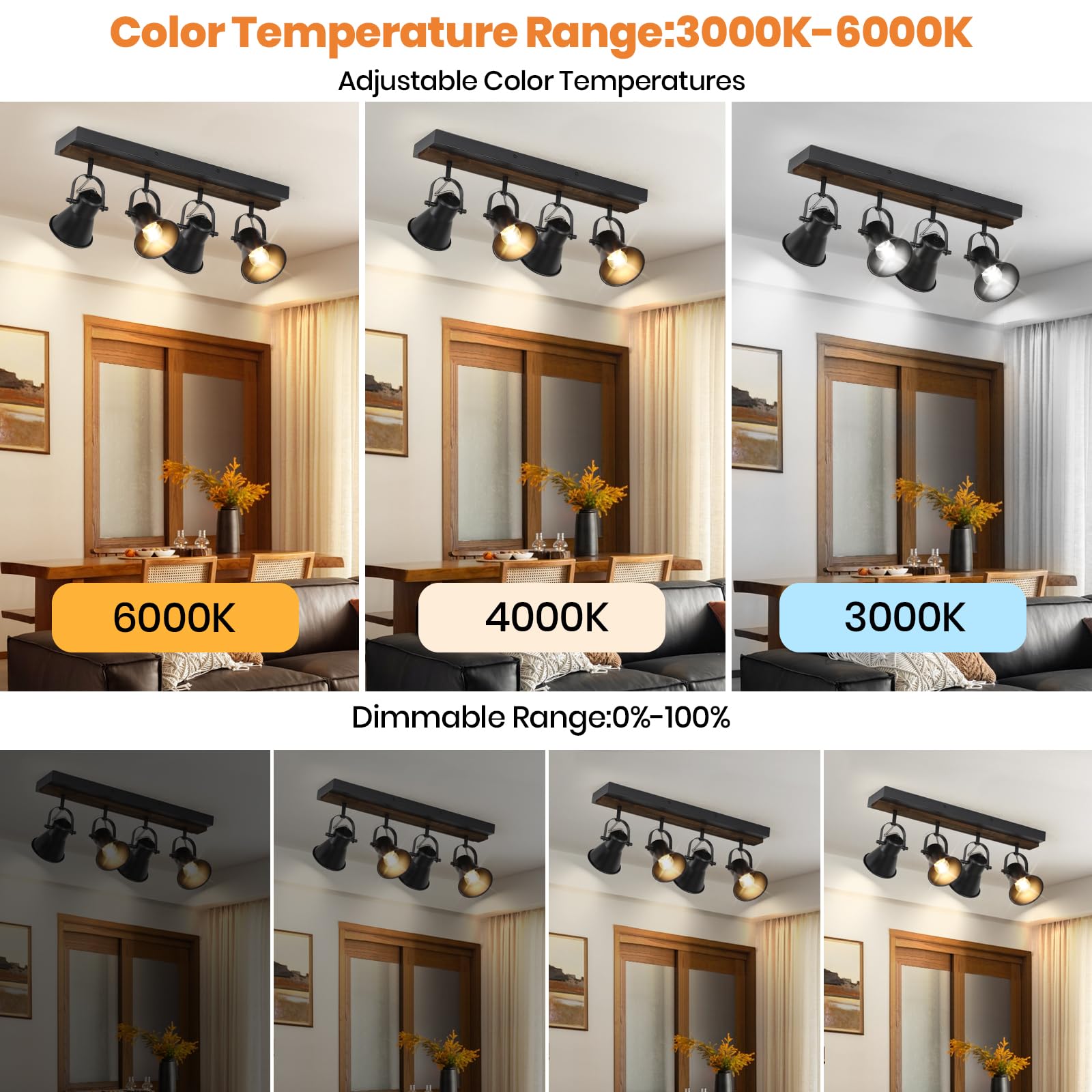 KEESFU 4-Light Dimmable Track Lighting Kit with Remote Control - Adjustable Black Ceiling Lights for Kitchen, Dining Room, Hallway & Bathroom - Modern Farmhouse Style Rotatable Fixtures (Bulbs Included) - Perfect for Ambient Lighting and Task Illumination