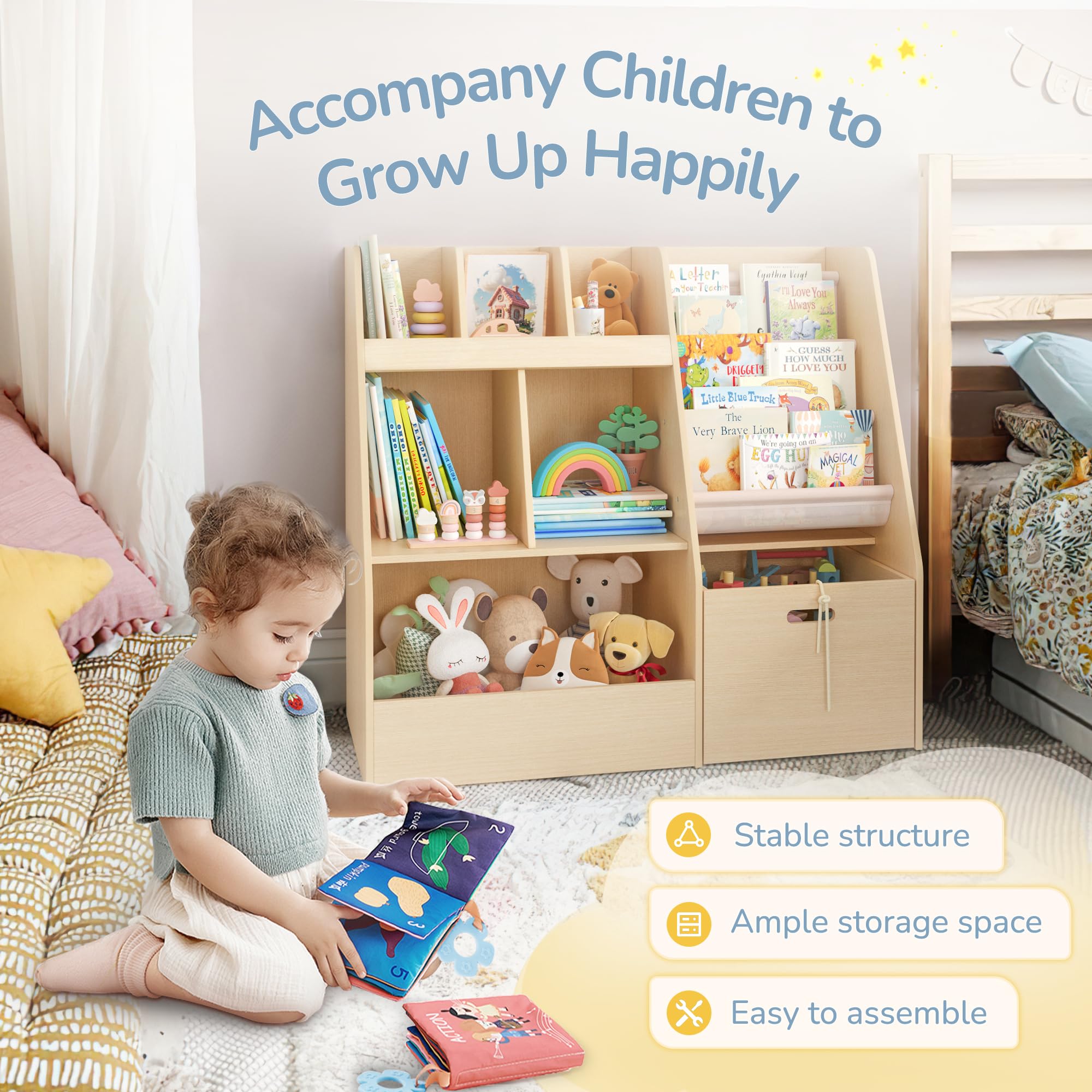 4 in 1 Kids Bookshelf and Toy Storage Organizer - 3-Tier Toy Organizer with Removable Bins, Toddler Book Shelf with Storage Cubbies for Nursery & Playroom - Perfect for Organizing Books, Toys & Learning Supplies in Kids Bedroom, Daycare or Classroom
