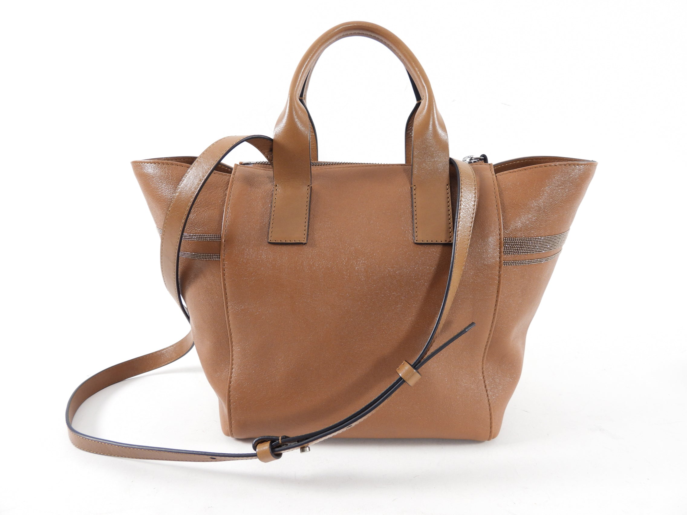 Brunello Cucinelli Genuine Leather Two-Way Satchel Handbag for Women - Brown Monili Crossbody & Shoulder Bag for Work, Travel & Everyday Use