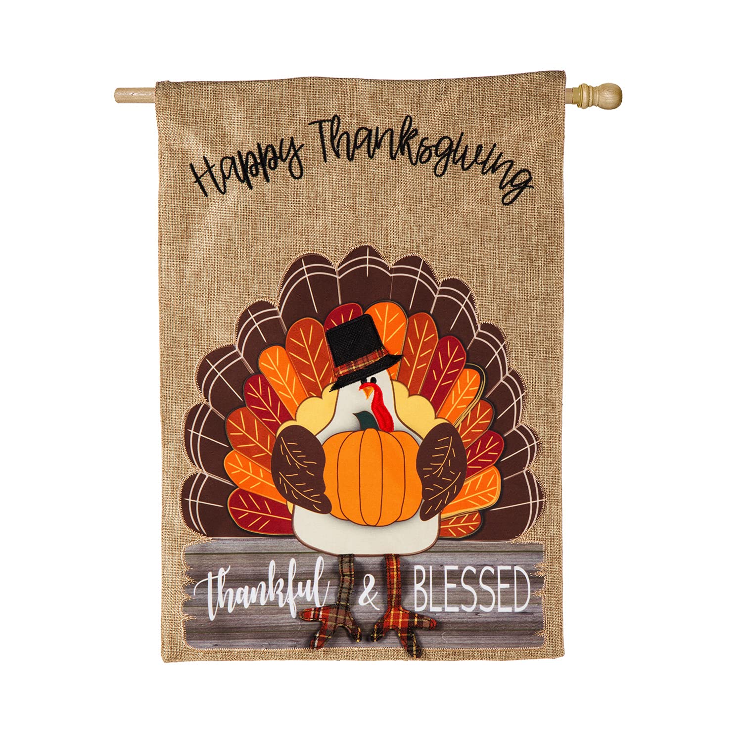 Evergreen Flag Thankful and Blessed Turkey Burlap House Flag - 28 x 44 Inches, Thanksgiving Outdoor Decor for Porch, Yard, and Garden, Farmhouse Seasonal Decoration