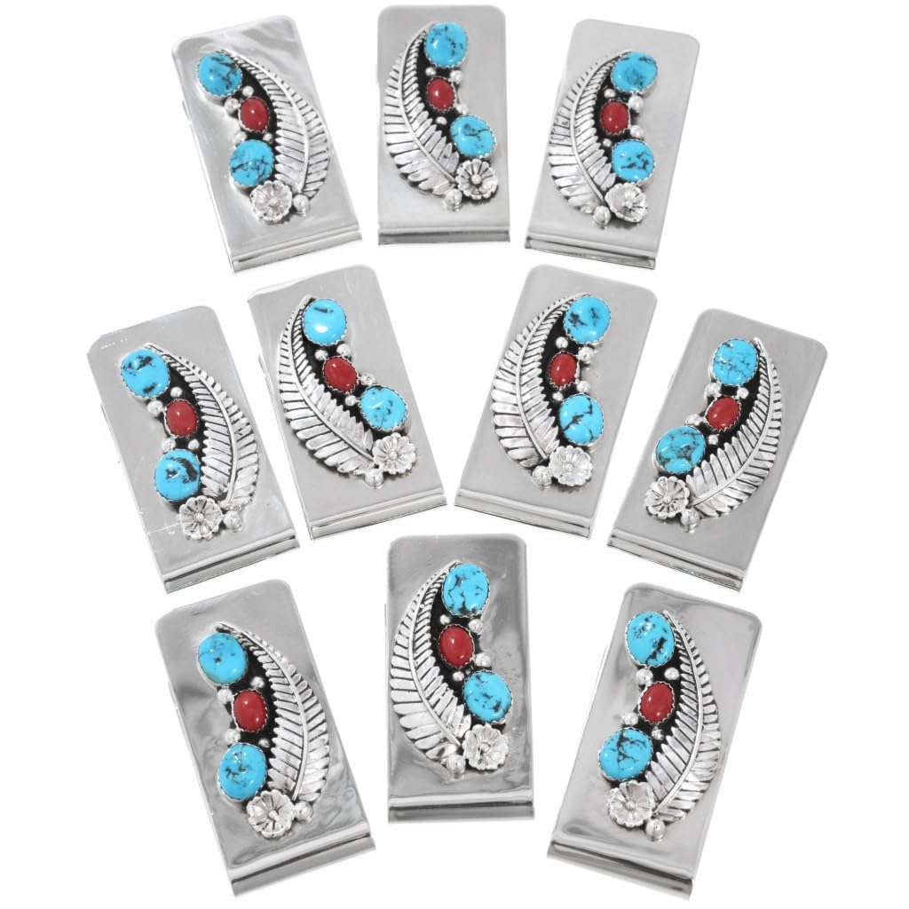 Authentic Native American Turquoise Coral Silver Money Clip - Handcrafted Sterling Navajo Design on German Silver - Perfect for Gifts, Collectors & Everyday Use