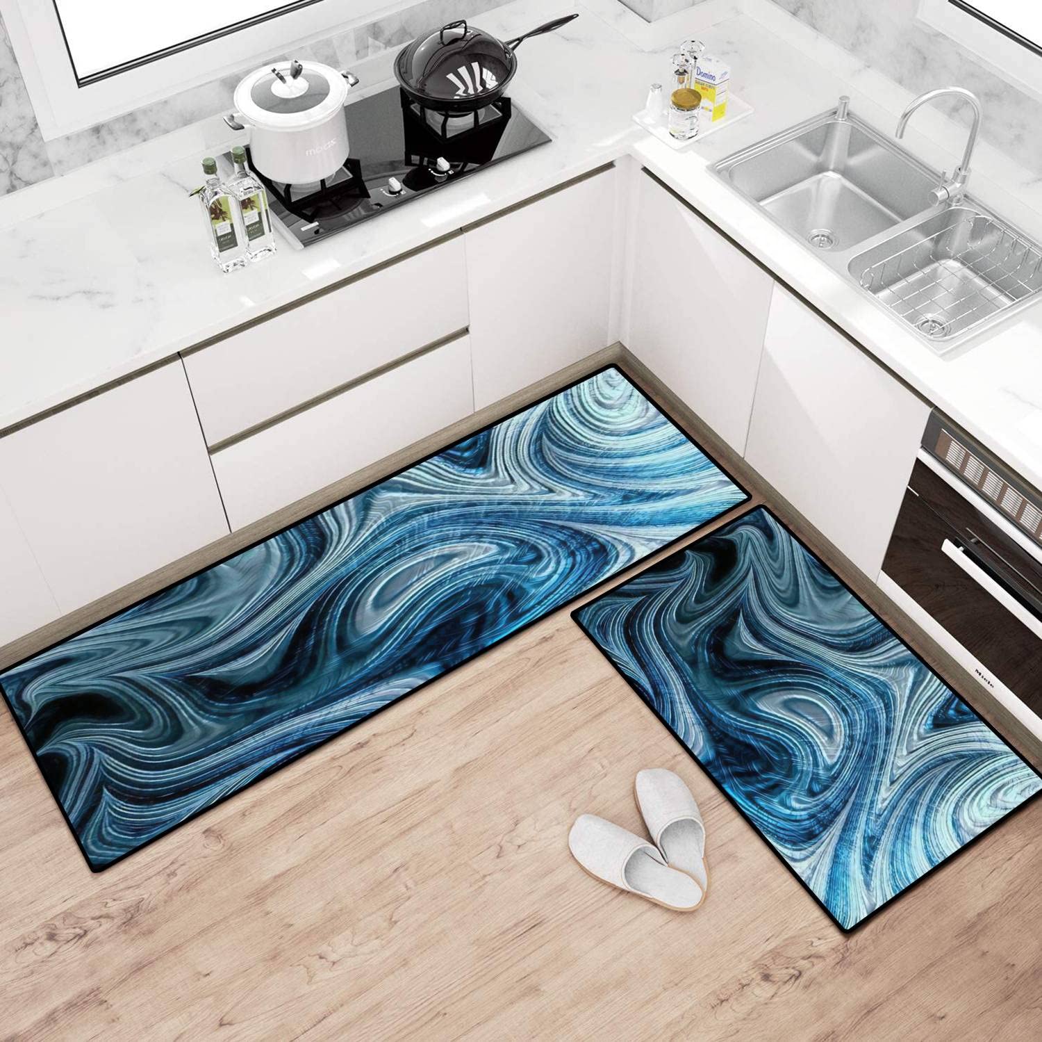 Non-Slip Washable Kitchen Rugs Set with Abstract Fractal Design - Anti-Fatigue Floor Mats for Kitchen, Bathroom & Entryway - Perfect for Standing Comfort and Home Decor