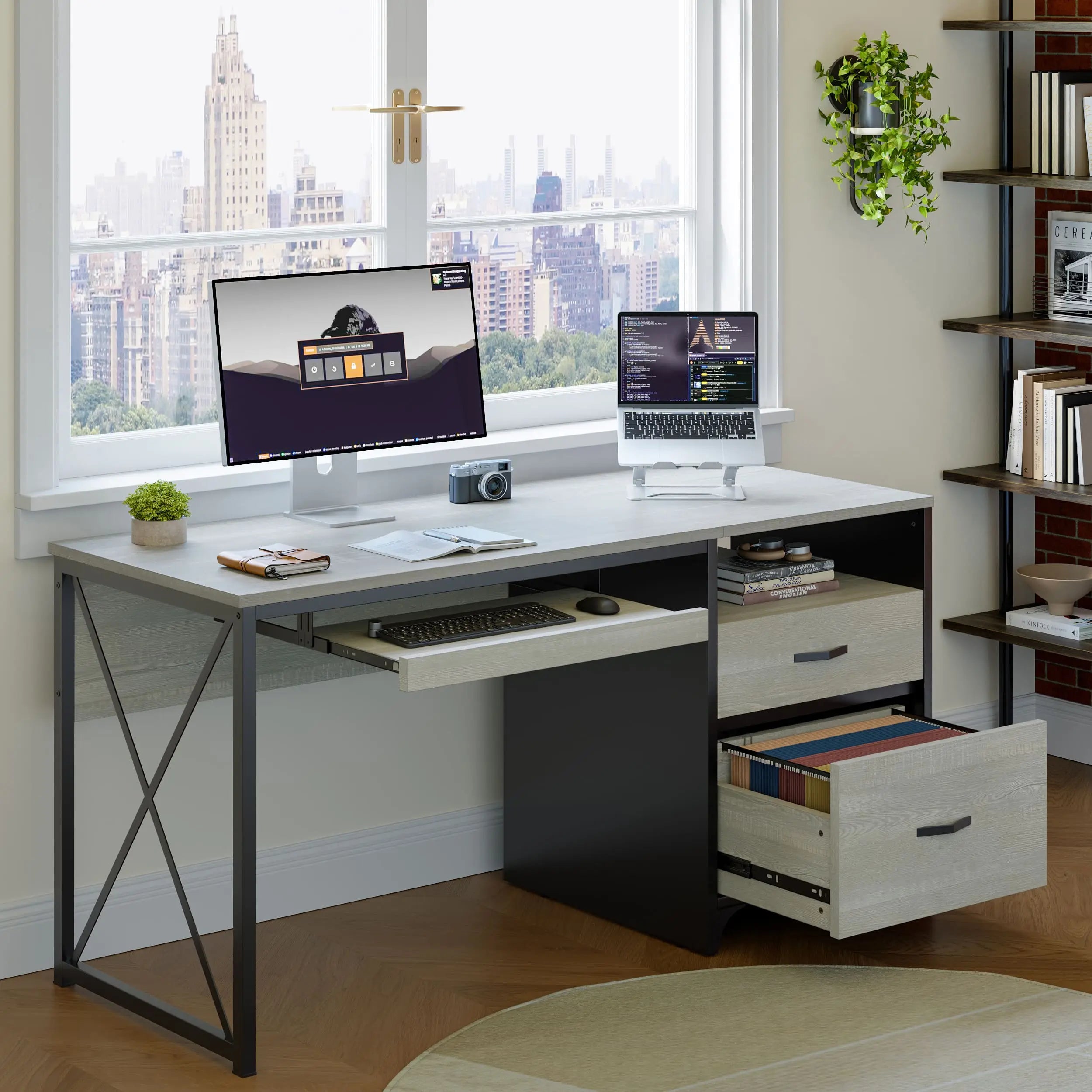 Bestier 55 Inch Industrial Office Computer Desk with Storage Shelf - Modern L-Shaped Writing Desk for Home Office, Gaming & Study - Sturdy Metal Frame Workstation with Drawers & Open Storage Space